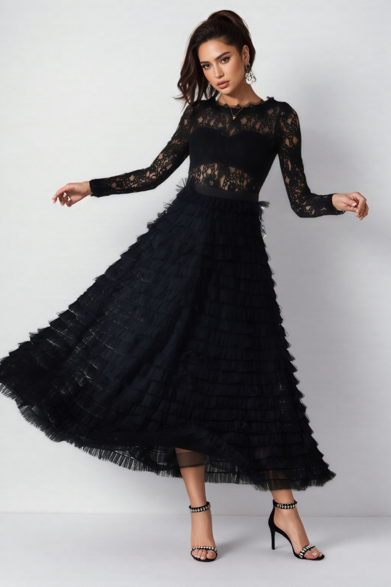 Rafik Black Hollow Lace A-line Maxi Dress