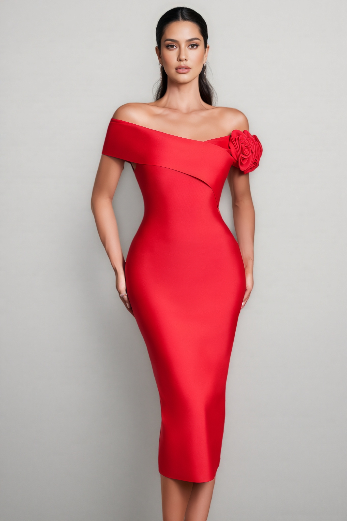Lorelei Red 3D Floral Bandage Midi Dress