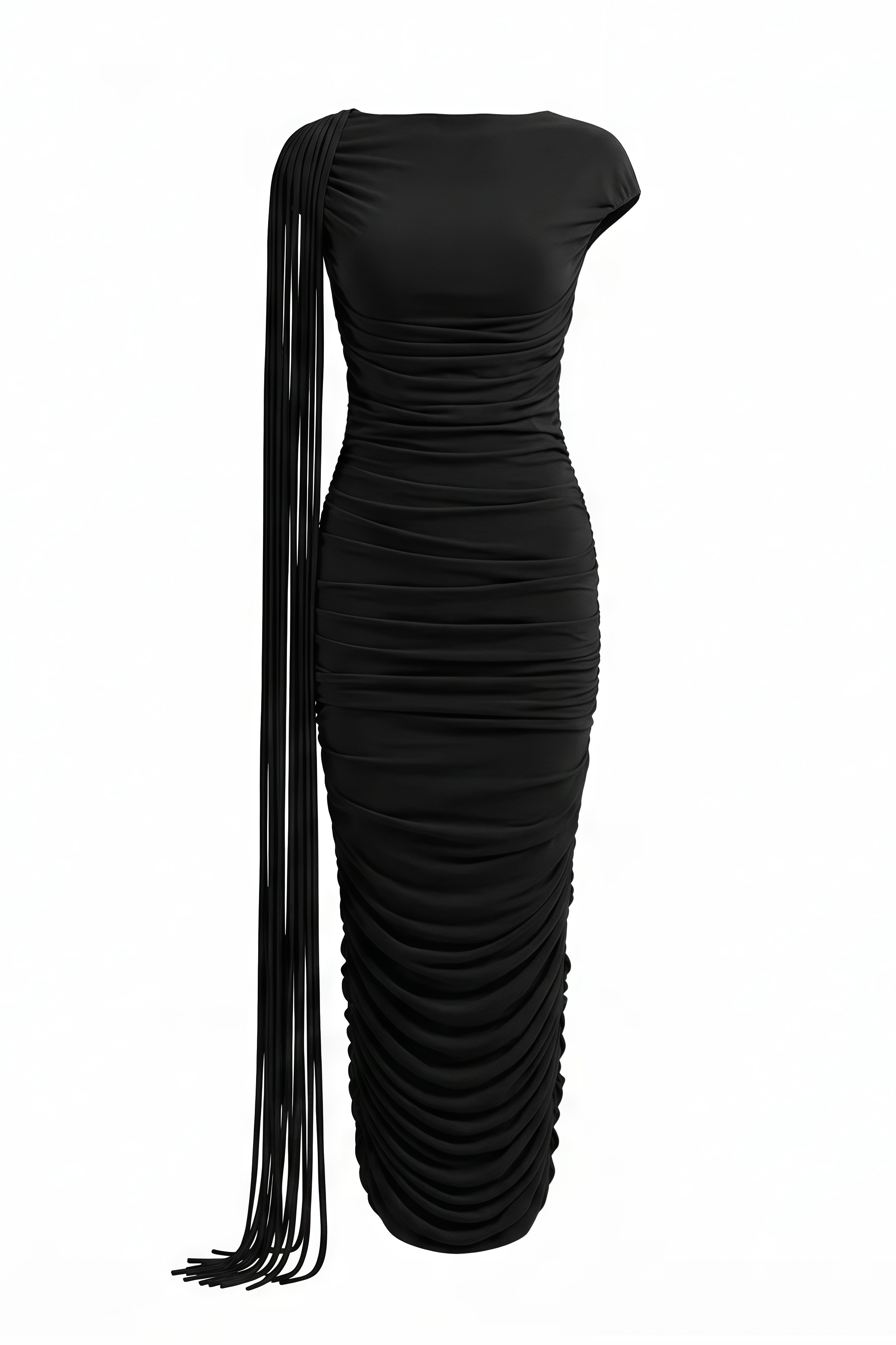 Eglantine Black Ruched Fringe Maxi Dress