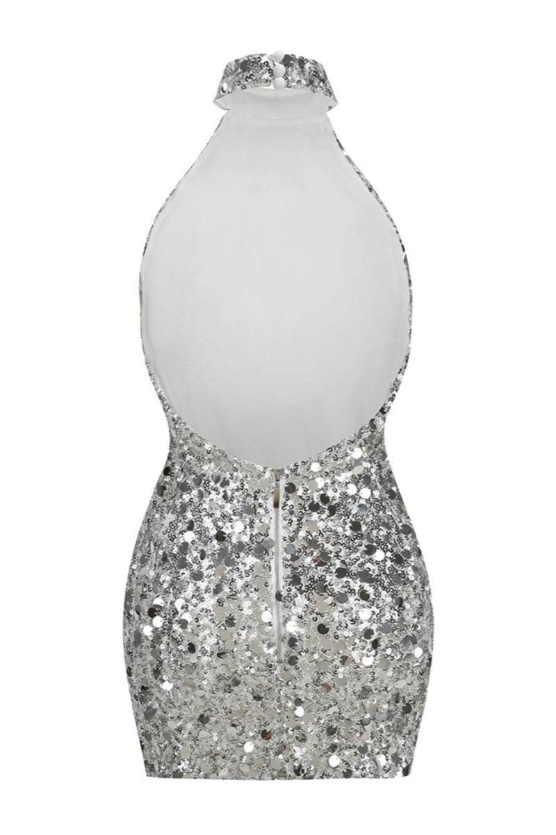 Feif Silver Halter Neck Sequin Mini Dress
