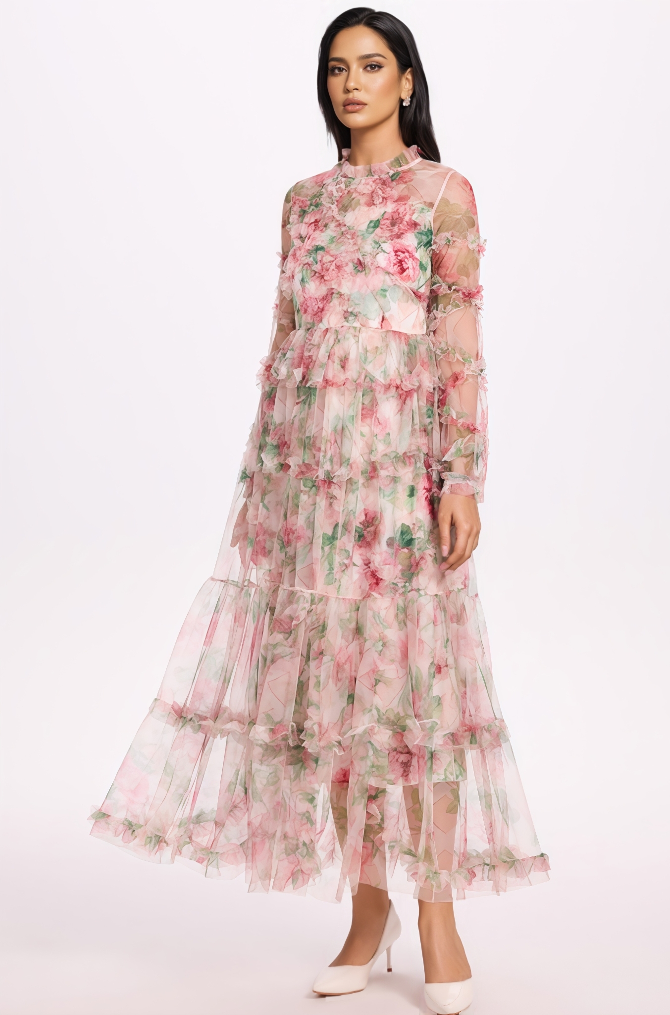 Nash Floral Mesh Ruffled Midi Dress