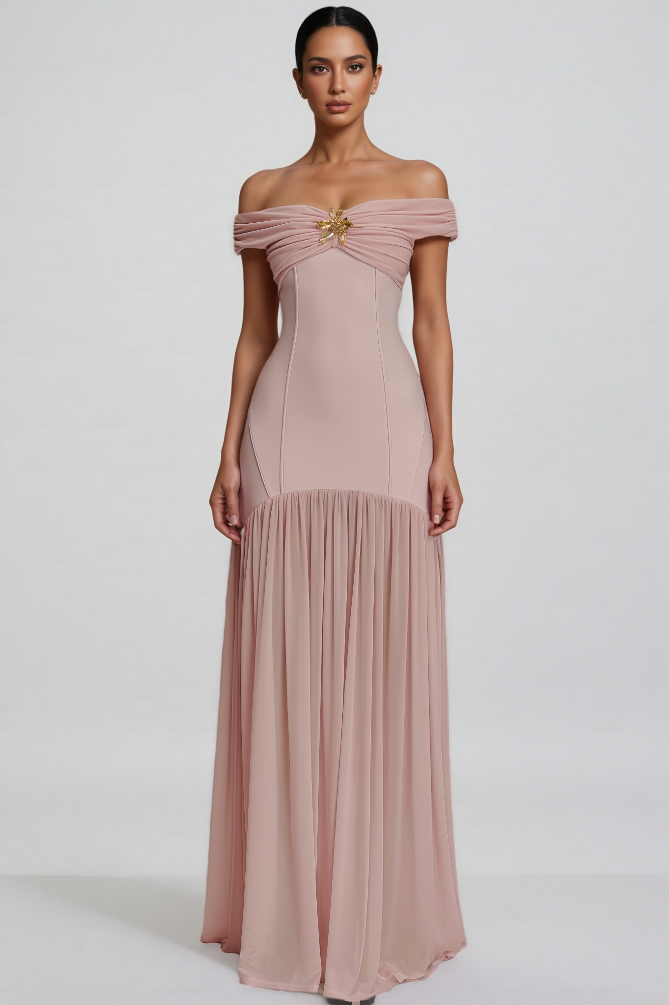 Cionlt Pink Mesh Backless Pleated Maxi Dress