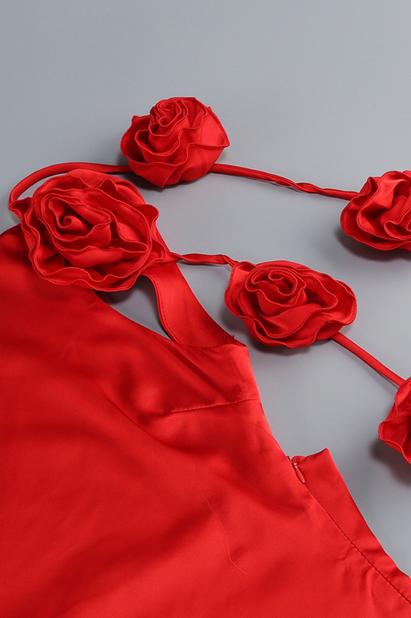 Hailiy Red Backless 3D Floral Maxi Dress