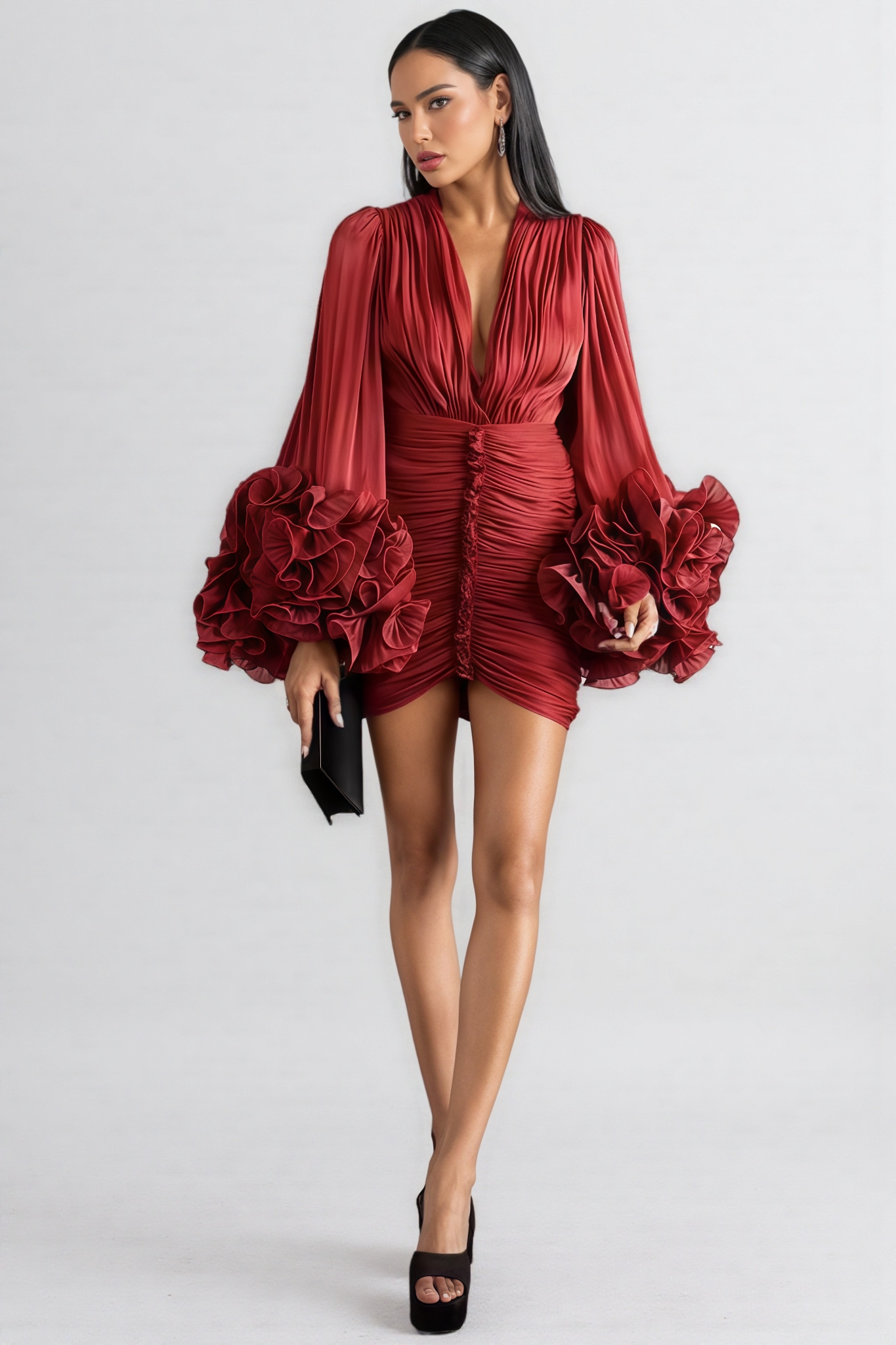 Quenx Red Pleated 3D Floral Mini Dress