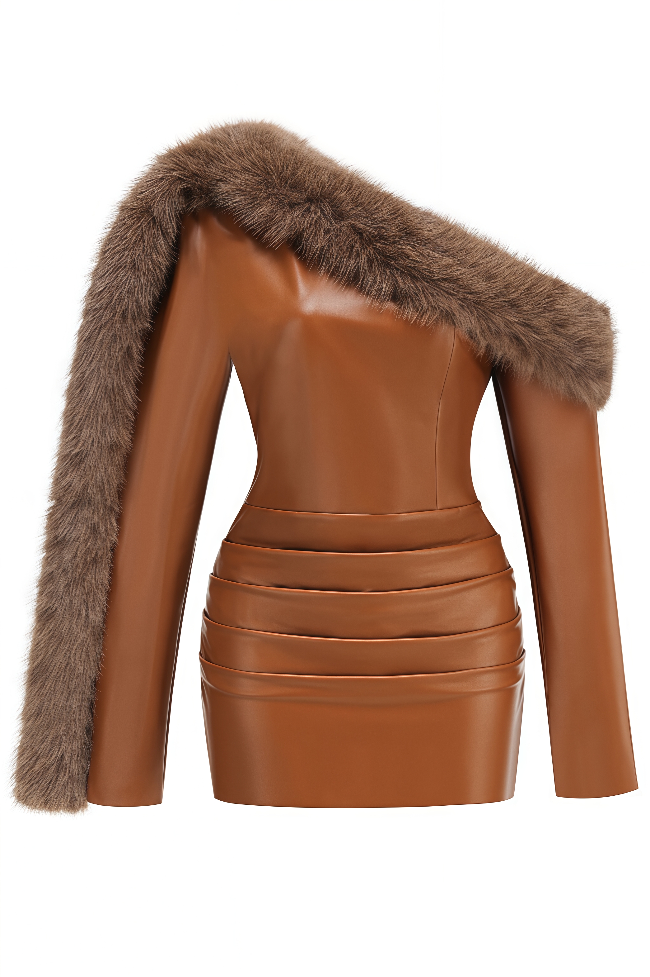 Jorax Brown Leather One-Shoulder Mini Dress
