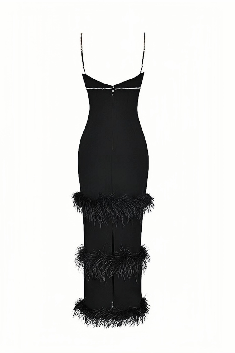 Minma Fringed Feather Halter Maxi Dress