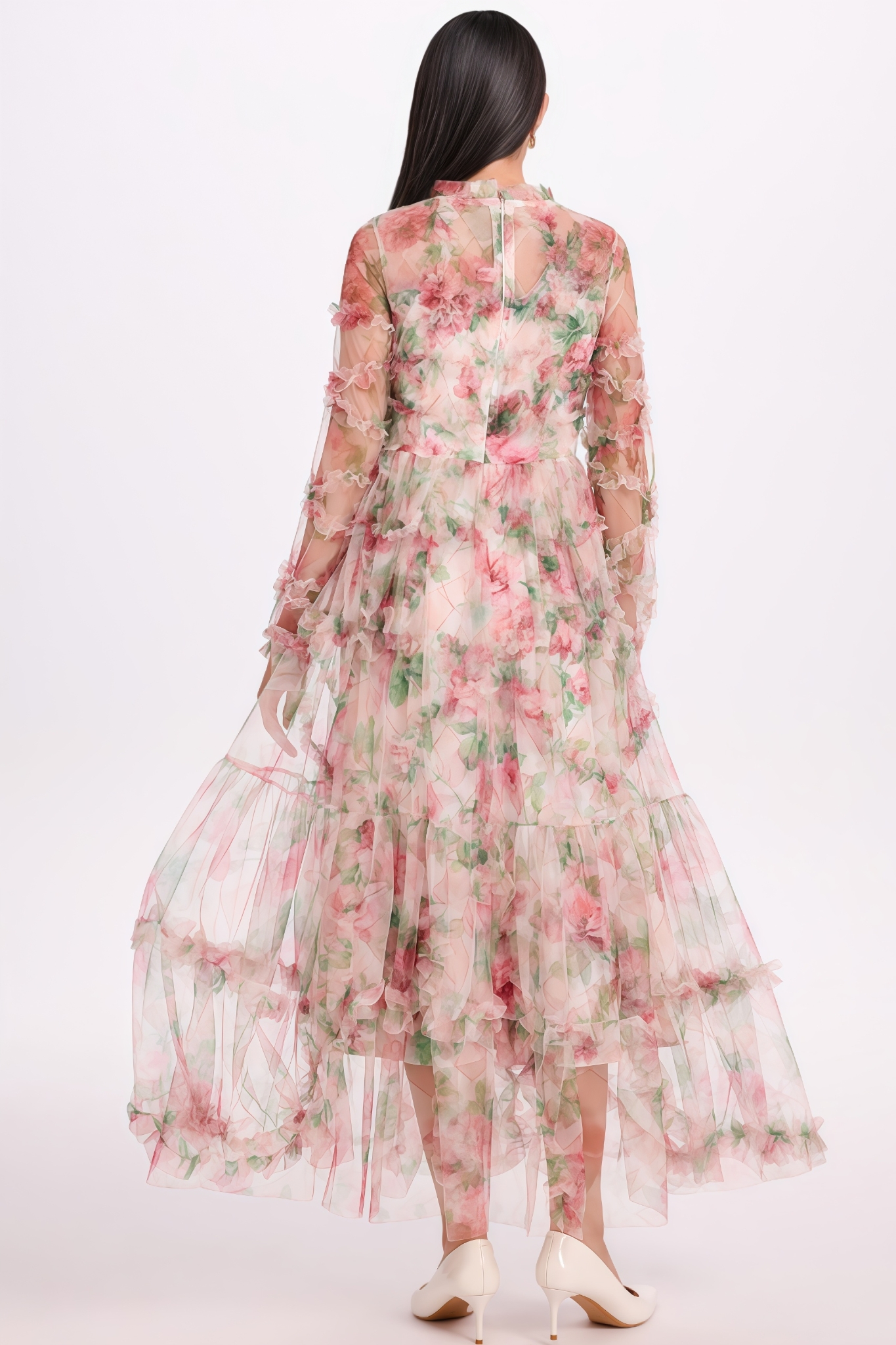 Nash Floral Mesh Ruffled Midi Dress