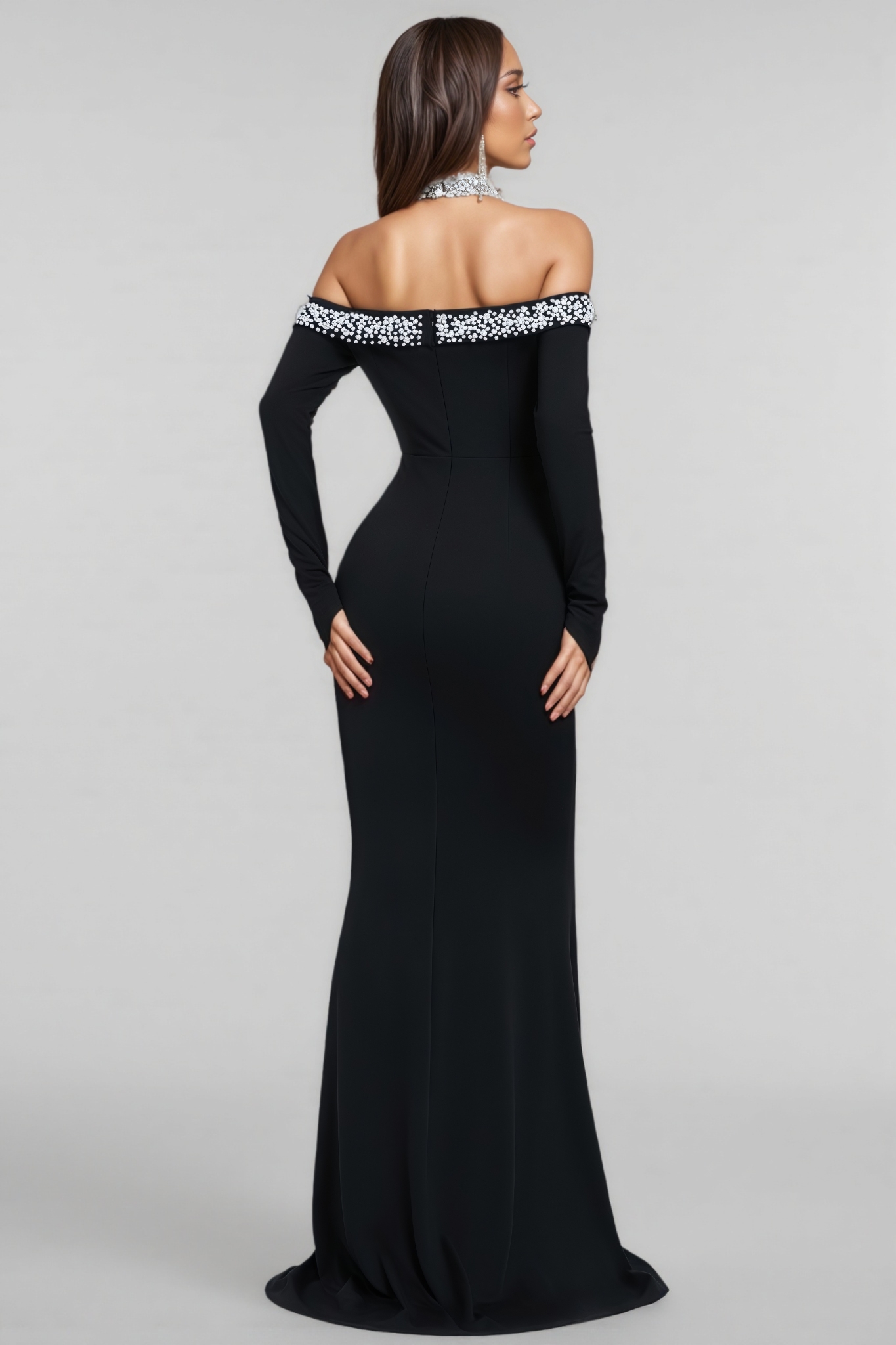 Hyxra Diamond Studded Fishtail Maxi Dress