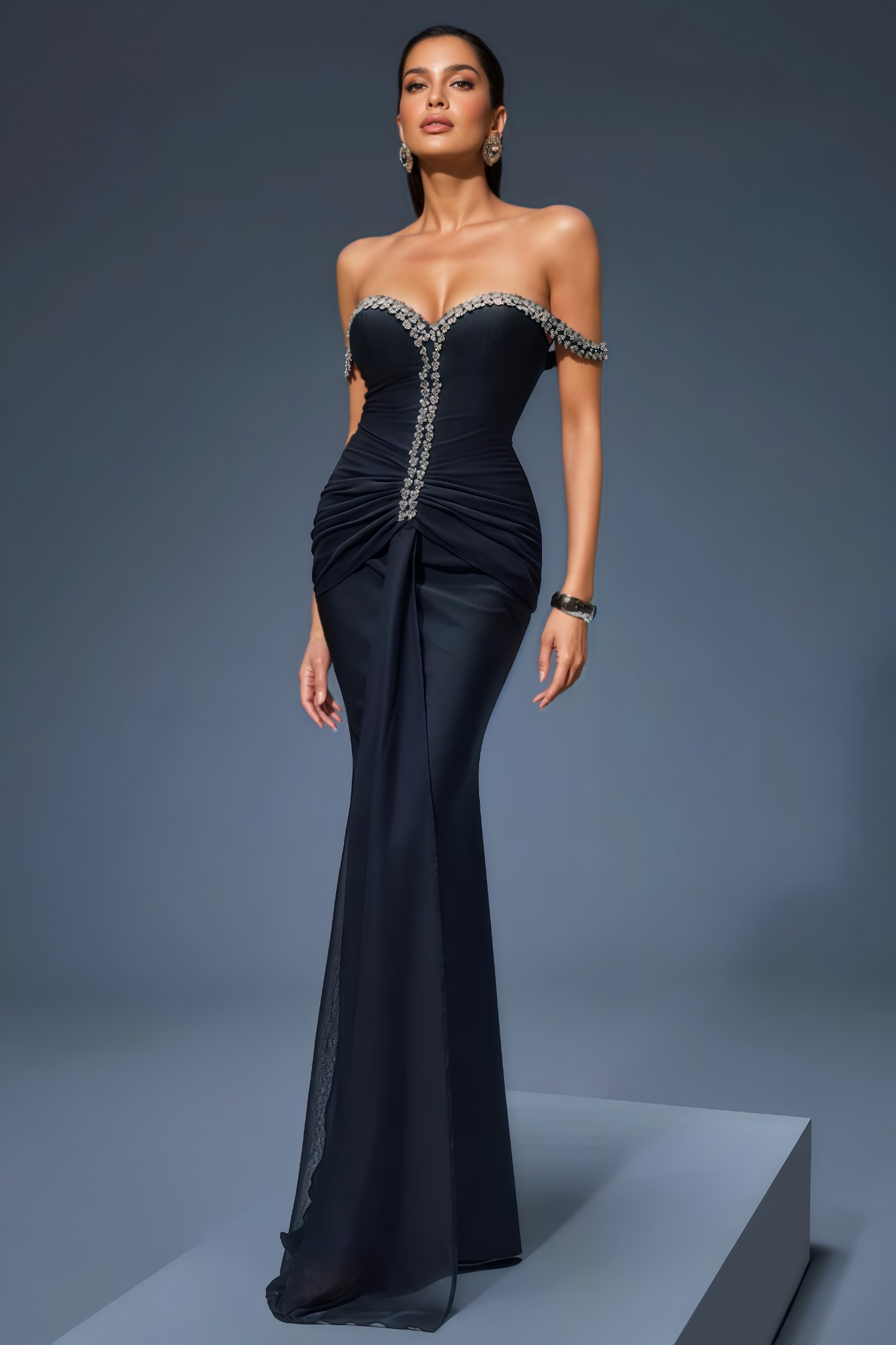Quinlany Off Shoulder Rhinestone Mesh Maxi Dress