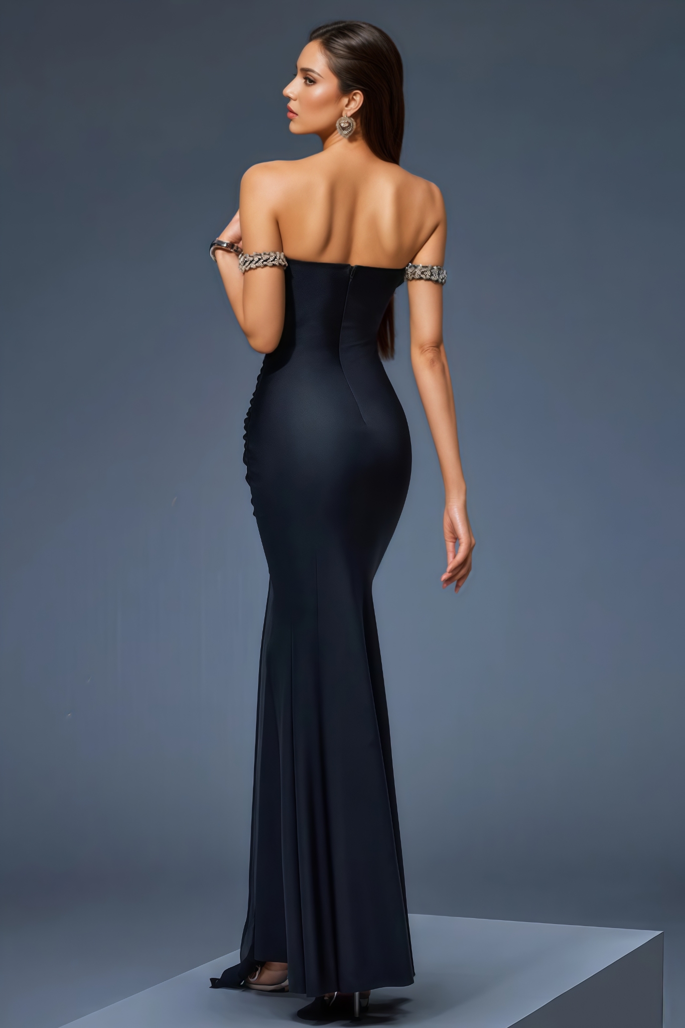 Quinlany Off Shoulder Rhinestone Mesh Maxi Dress