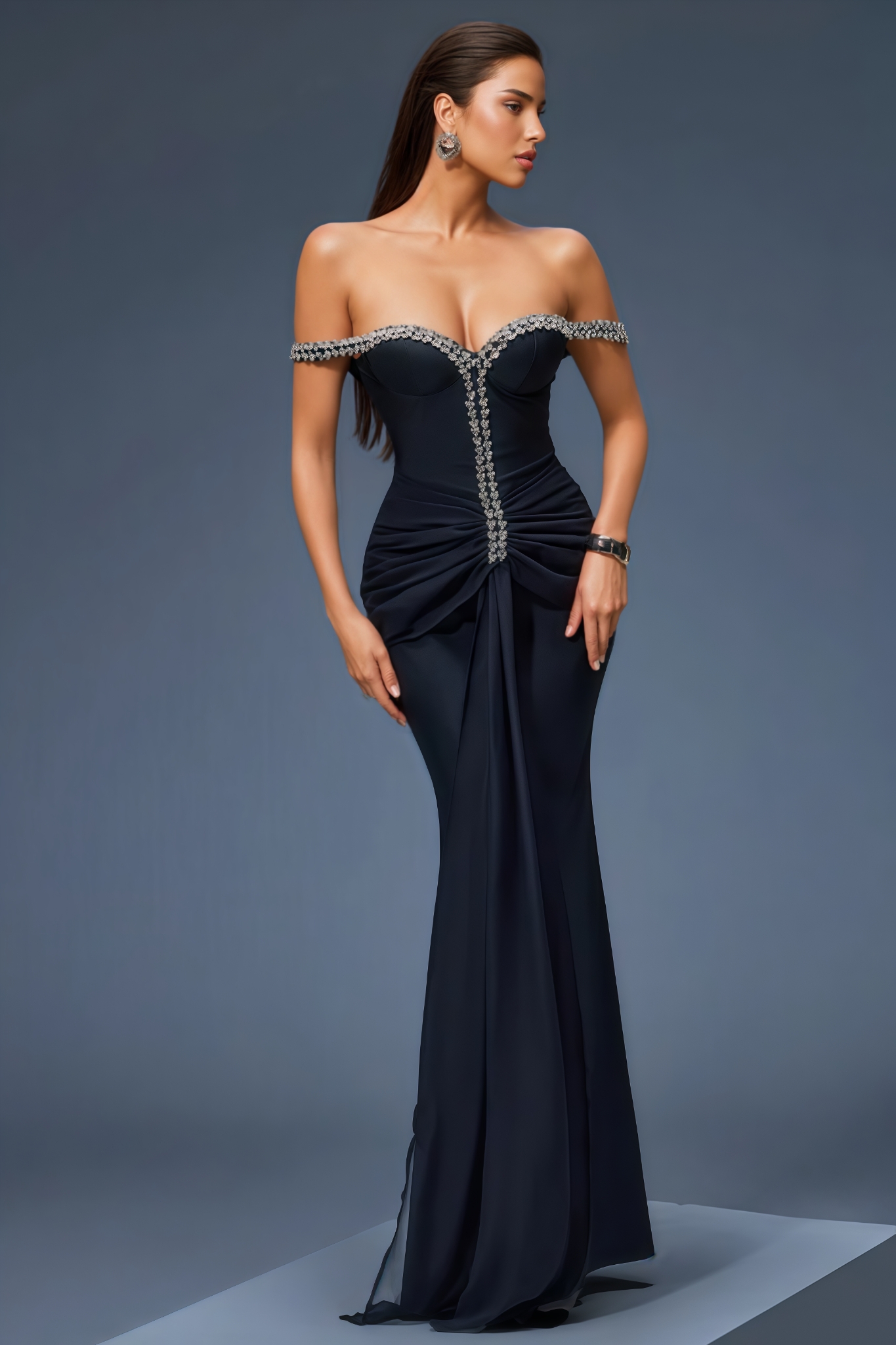 Quinlany Off Shoulder Rhinestone Mesh Maxi Dress
