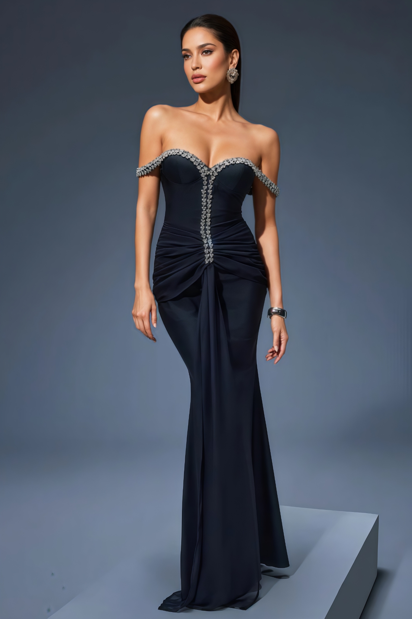Quinlany Off Shoulder Rhinestone Mesh Maxi Dress