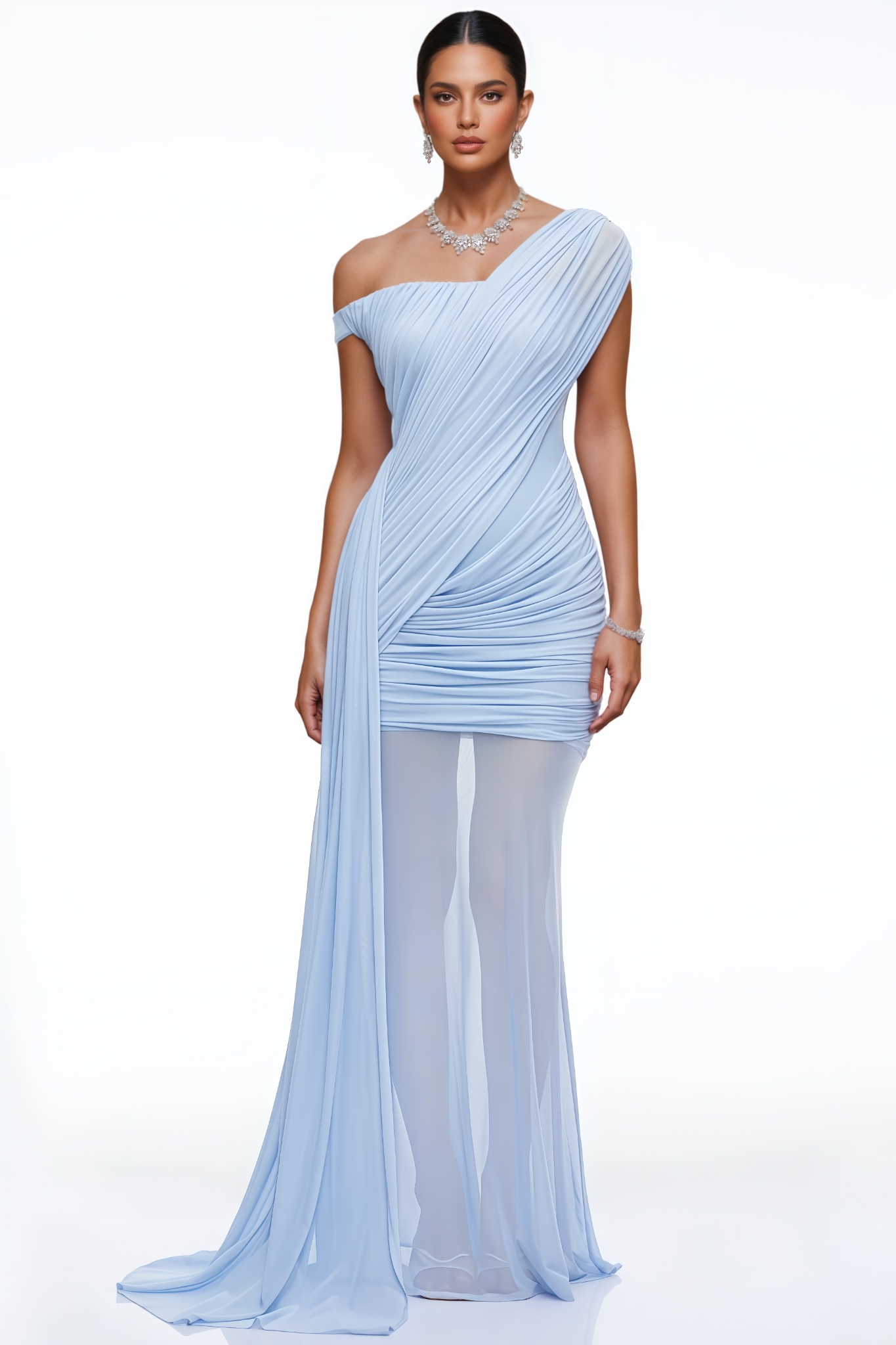 Slvarn Blue Slanted Shoulder Ruched Maxi Dress