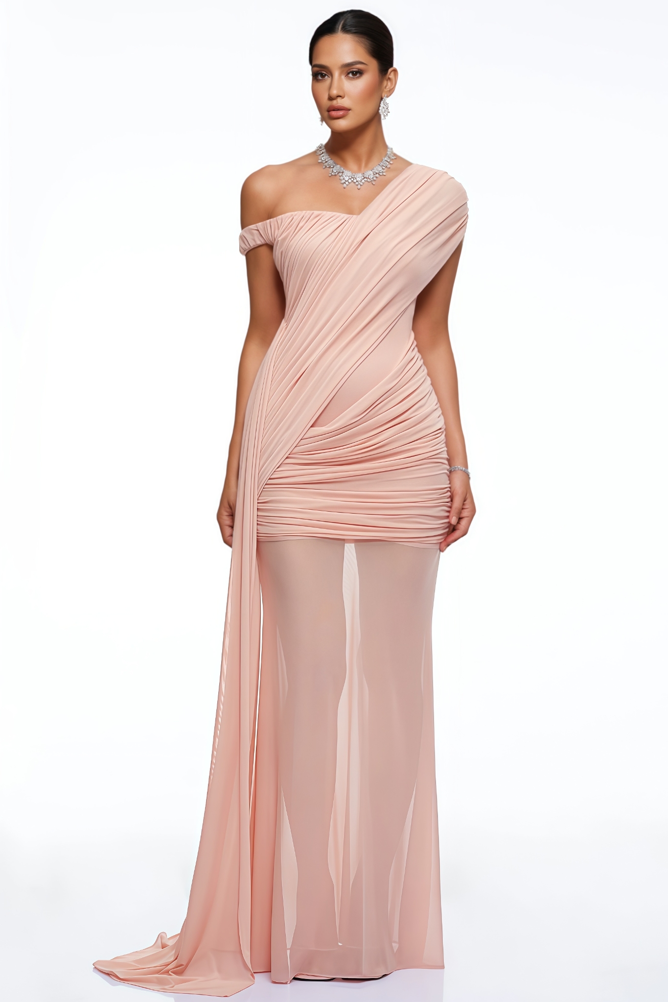 Krixa Pink Slanted Shoulder Ruched Maxi Dress