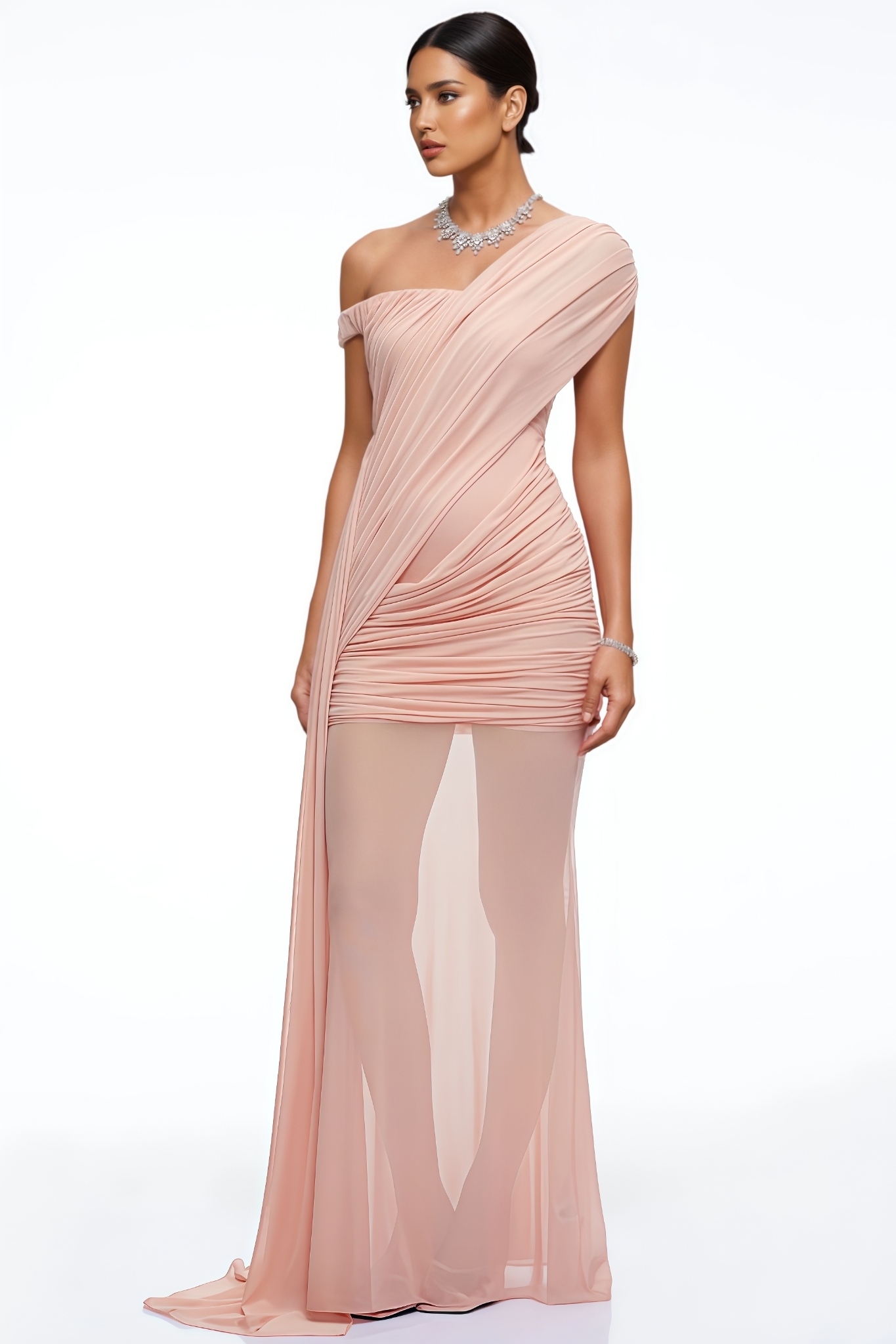 Krixa Pink Slanted Shoulder Ruched Maxi Dress