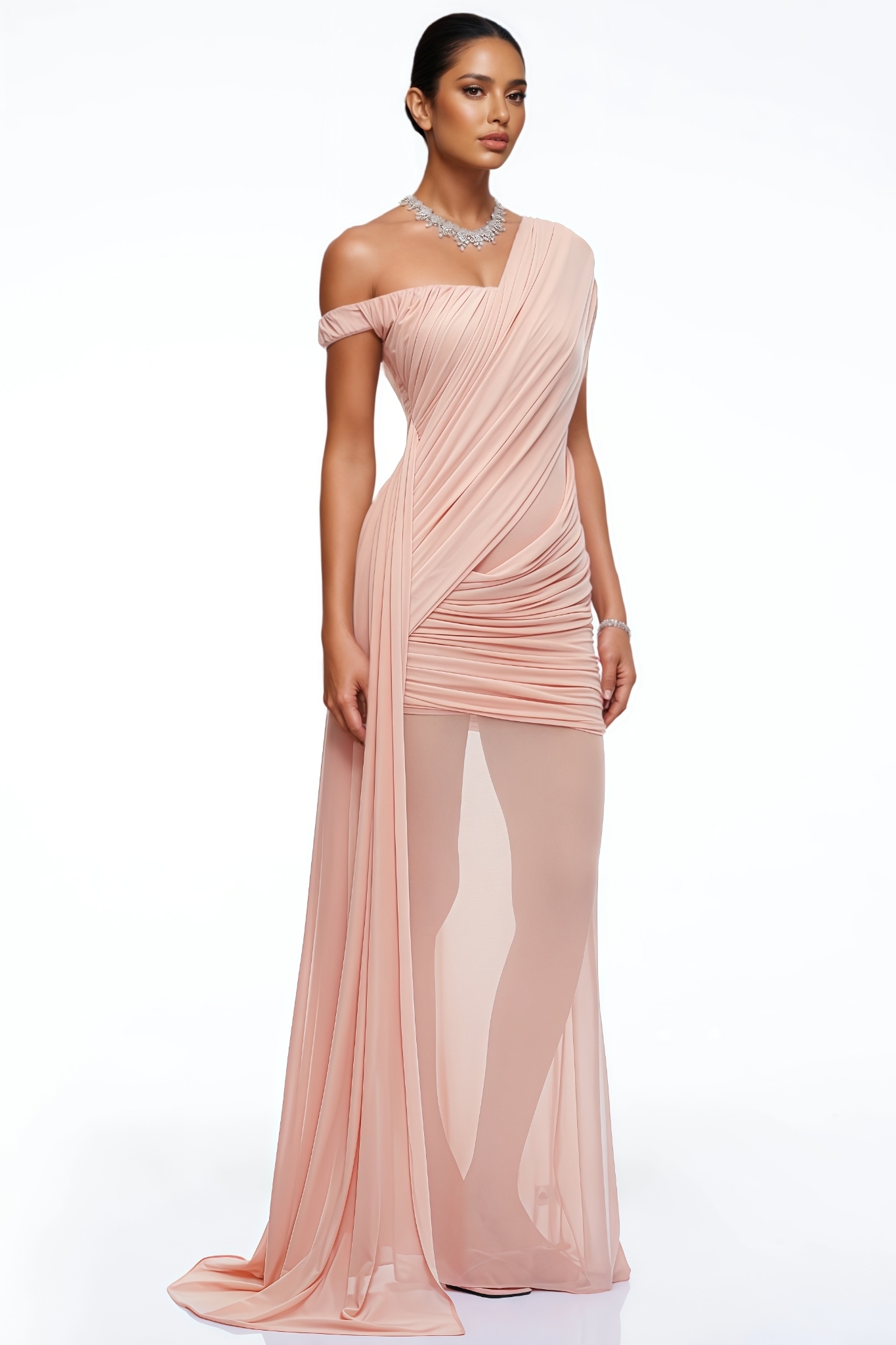 Krixa Pink Slanted Shoulder Ruched Maxi Dress