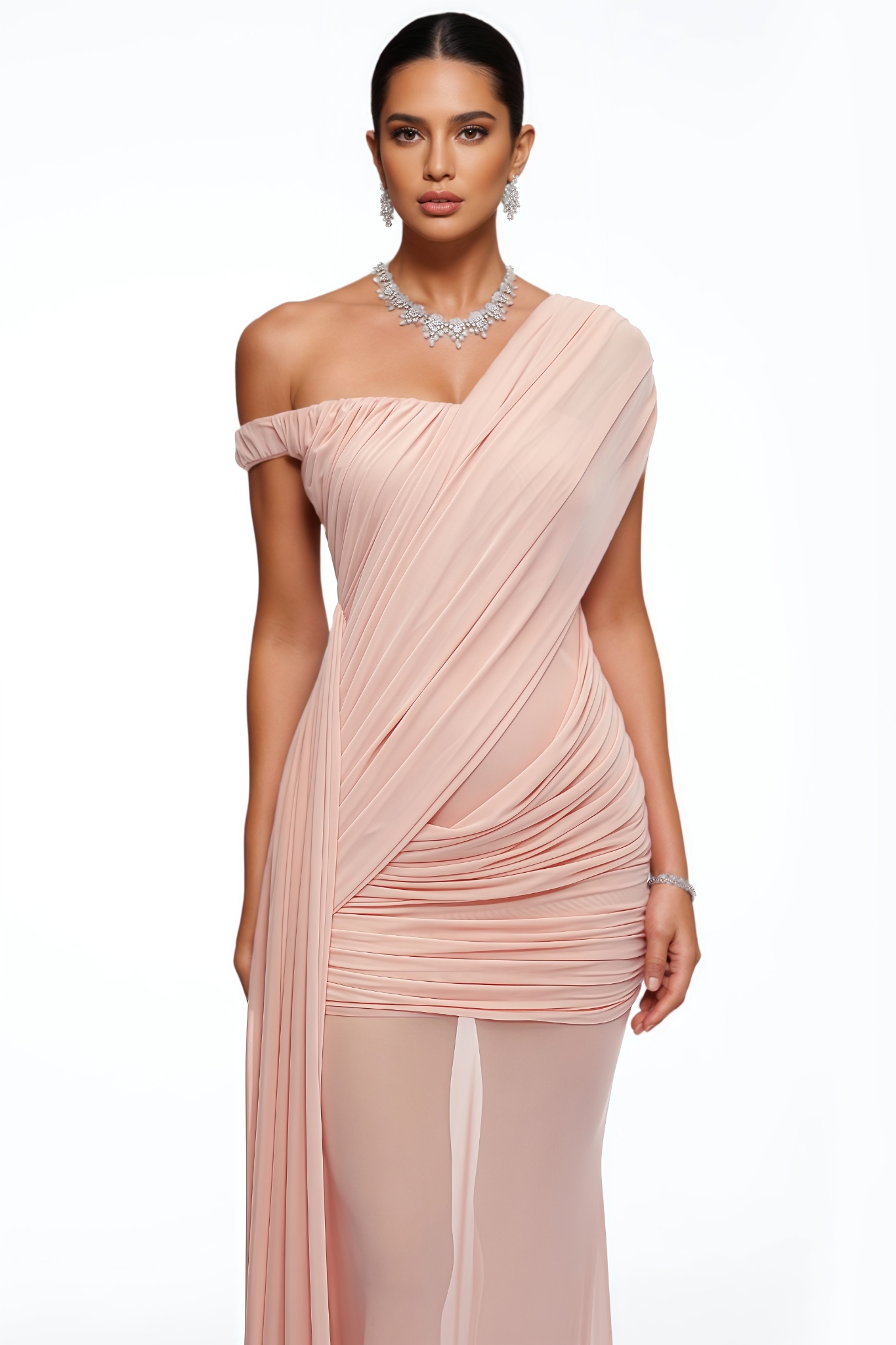 Krixa Pink Slanted Shoulder Ruched Maxi Dress