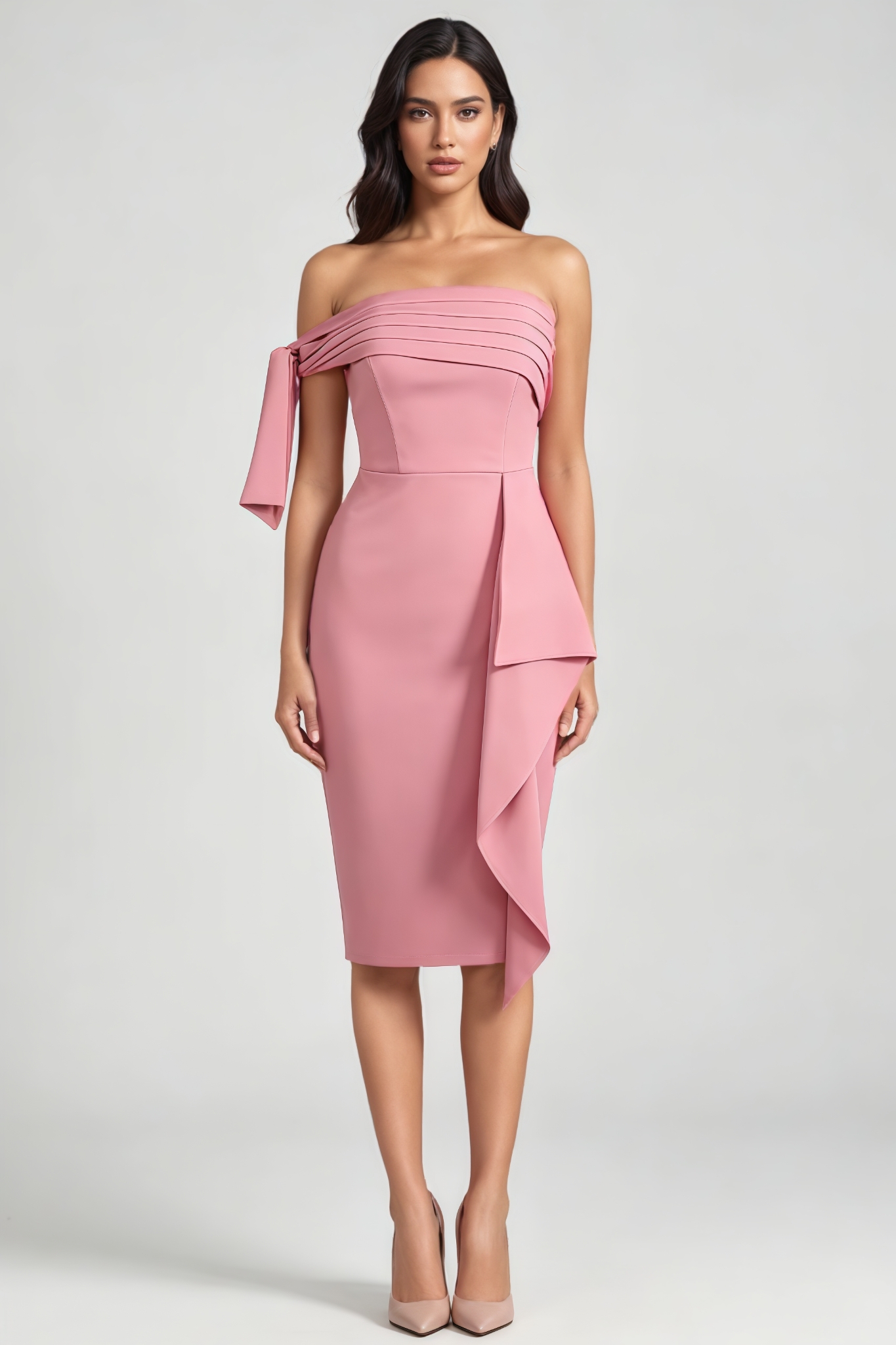 Nivnot Pink One Shoulder Bow Mini Dress