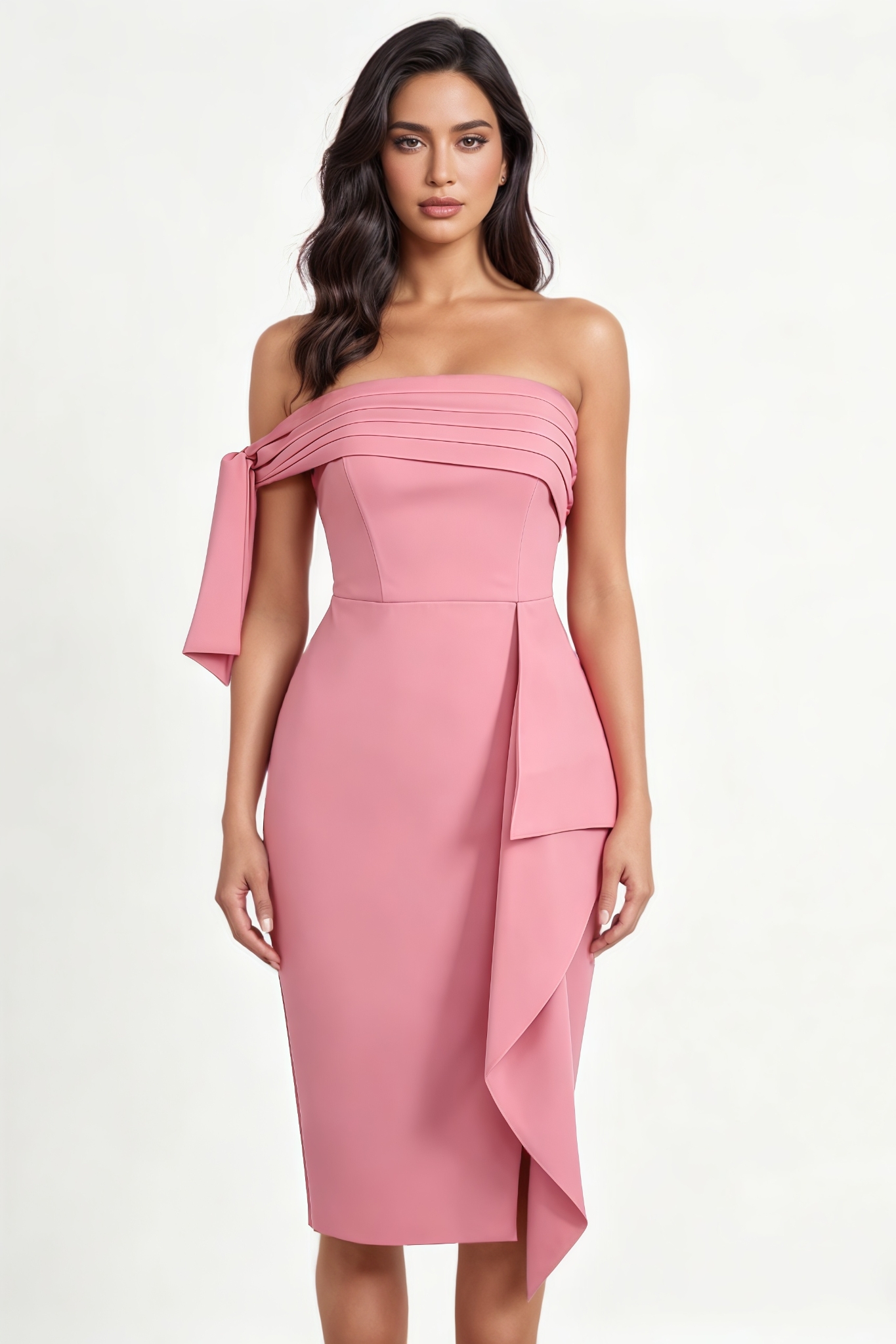 Nivnot Pink One Shoulder Bow Mini Dress