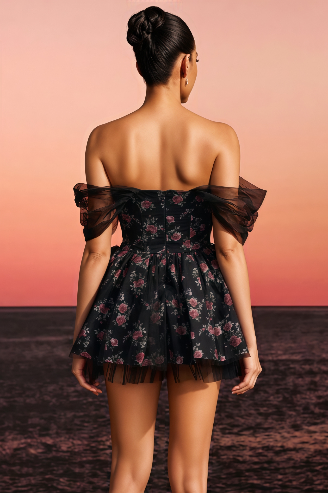 Colrtn Black Off Shoulder Flower Tulle Mini Dress