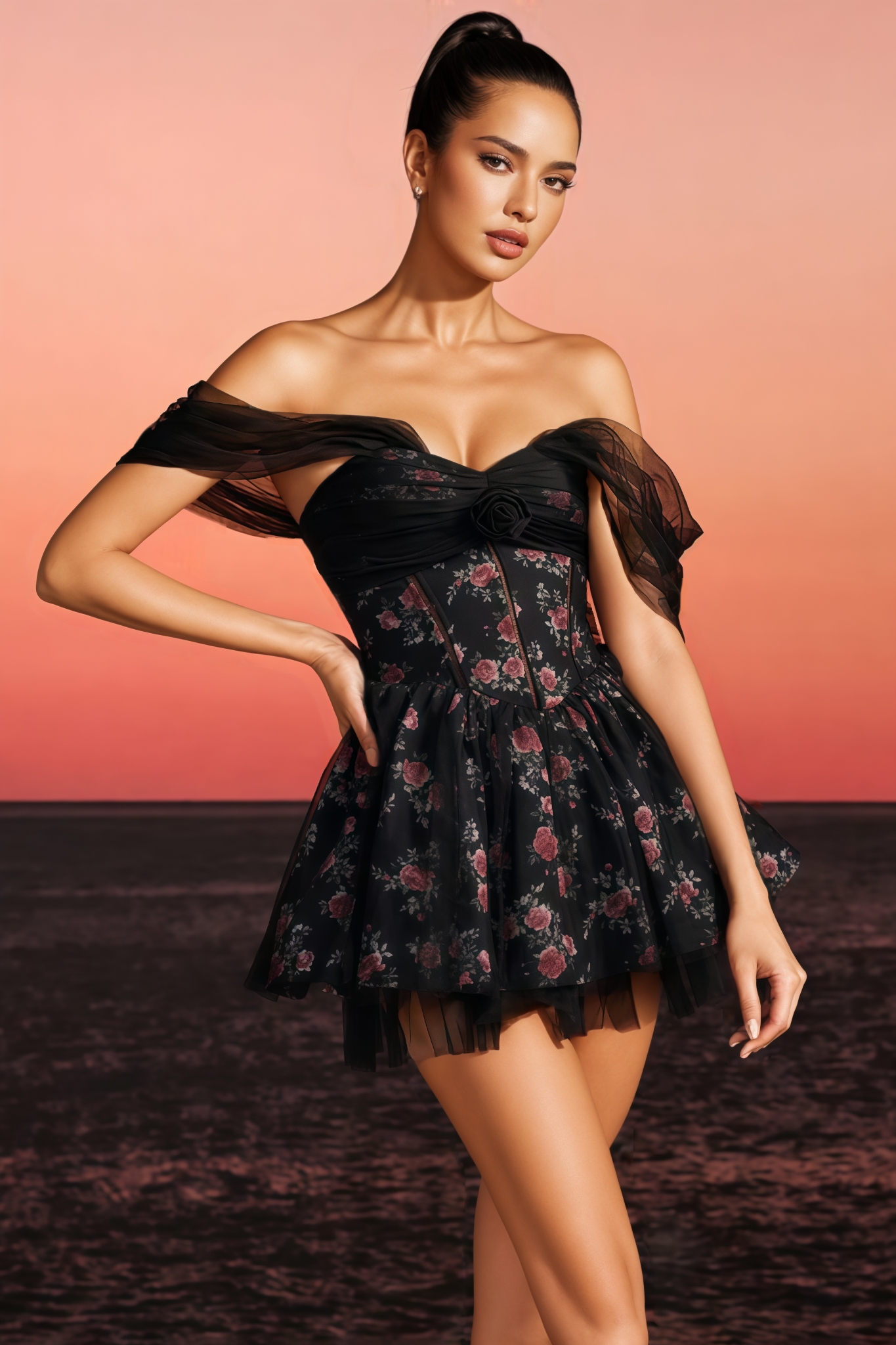 Colrtn Black Off Shoulder Flower Tulle Mini Dress