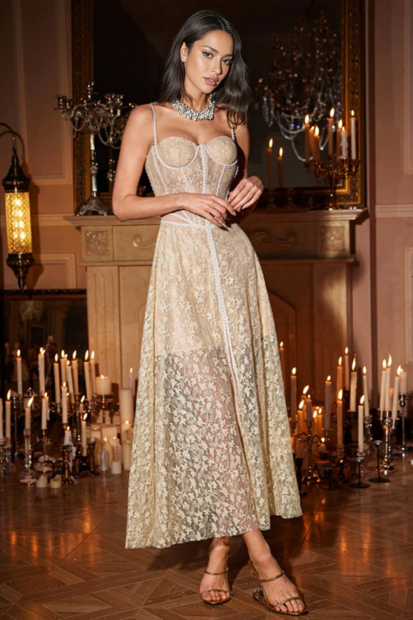 Orsen Spaghetti Floral Lace Midi Dress