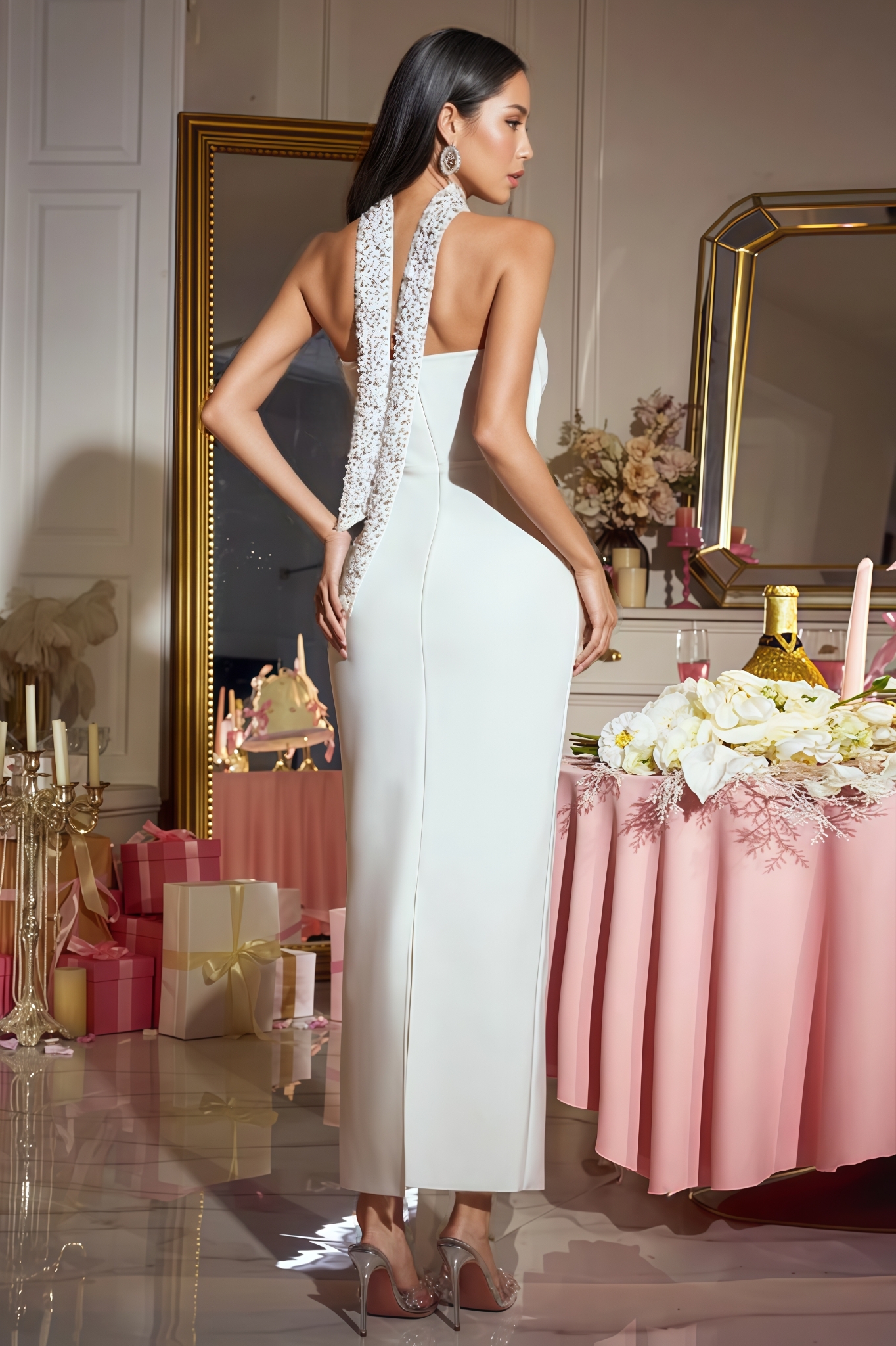 Harnak White Pearl Bandage Maxi Dress