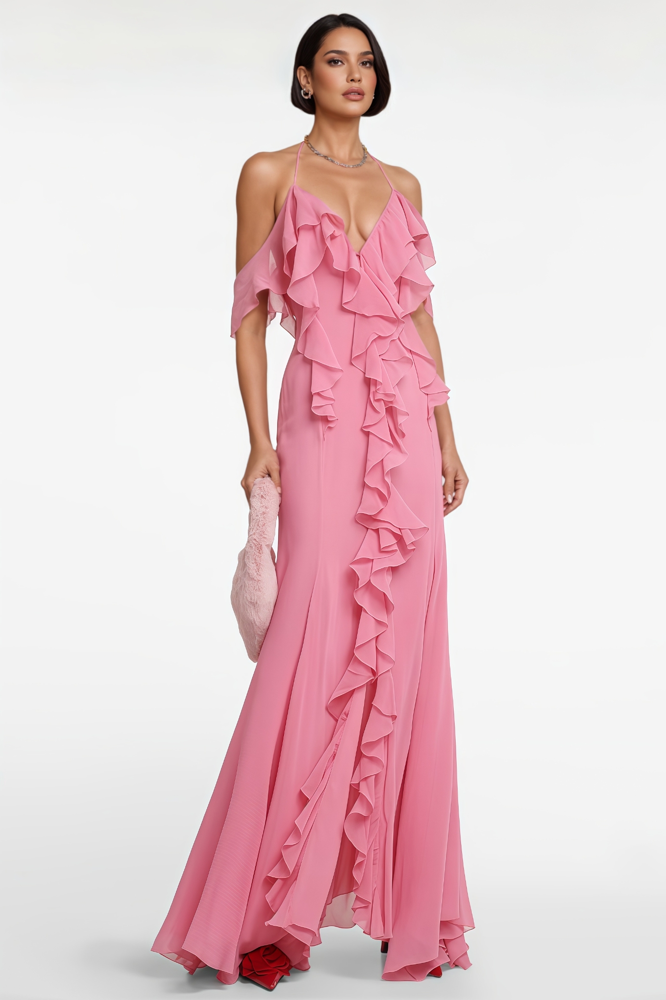 Sorfn Pink Backless Ruffled Maxi Dress