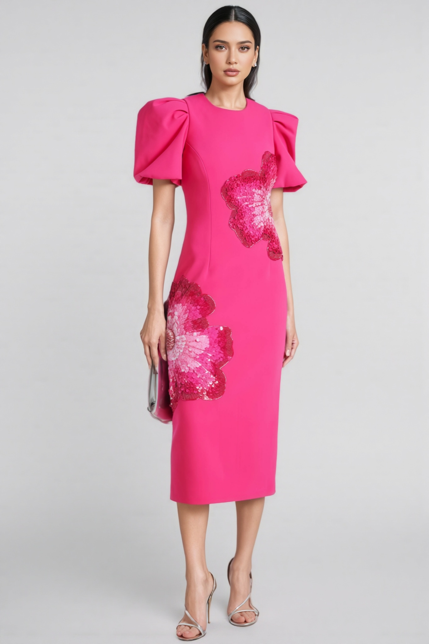 Coralie Puff-Sleeve Embellished Midi Dress