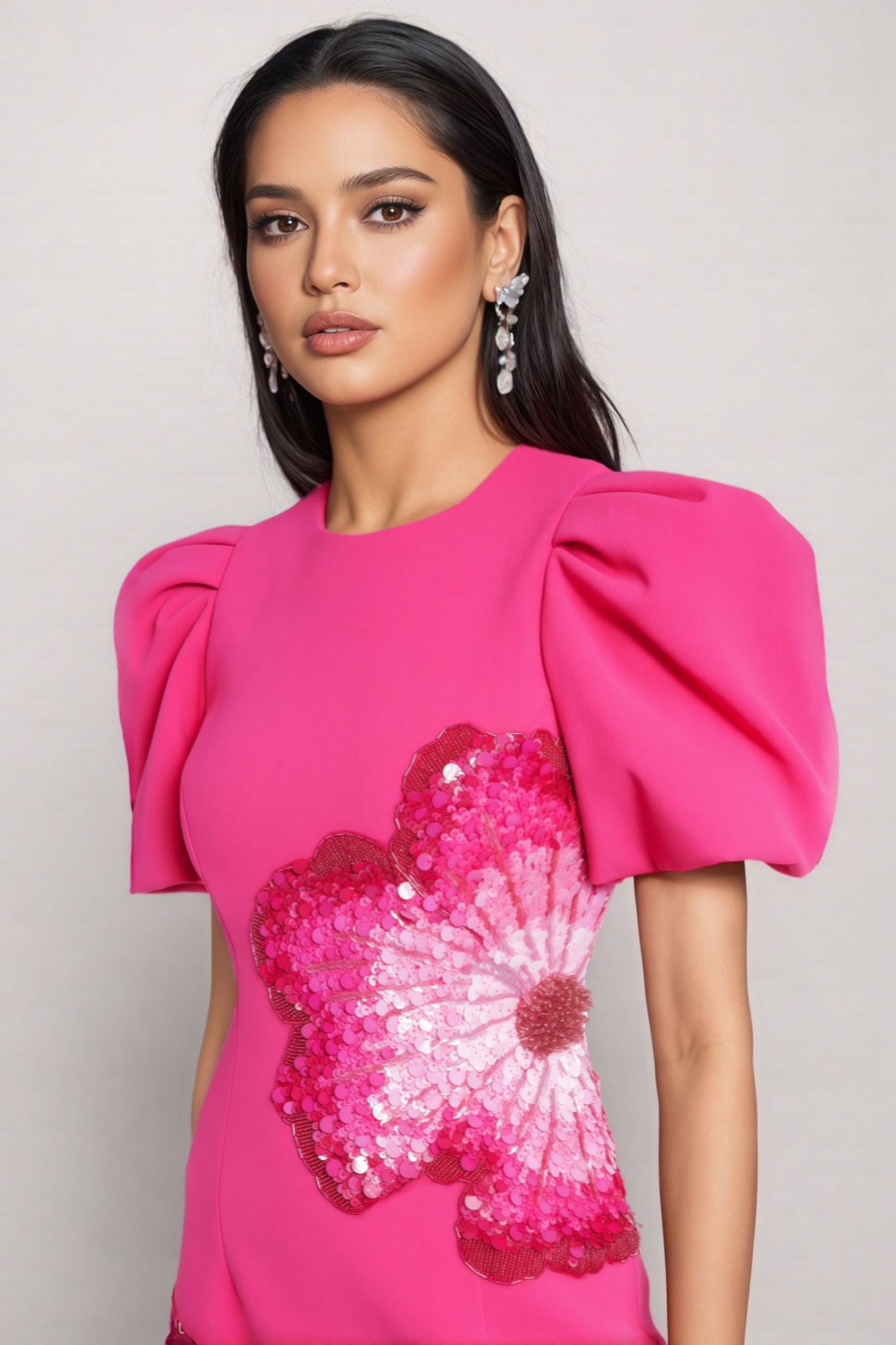 Coralie Puff-Sleeve Embellished Midi Dress