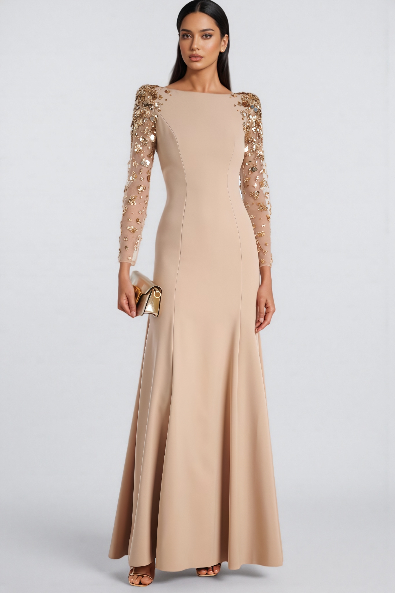 Teresa Beige Tulle Rhinestone Embellished Maxi Dress
