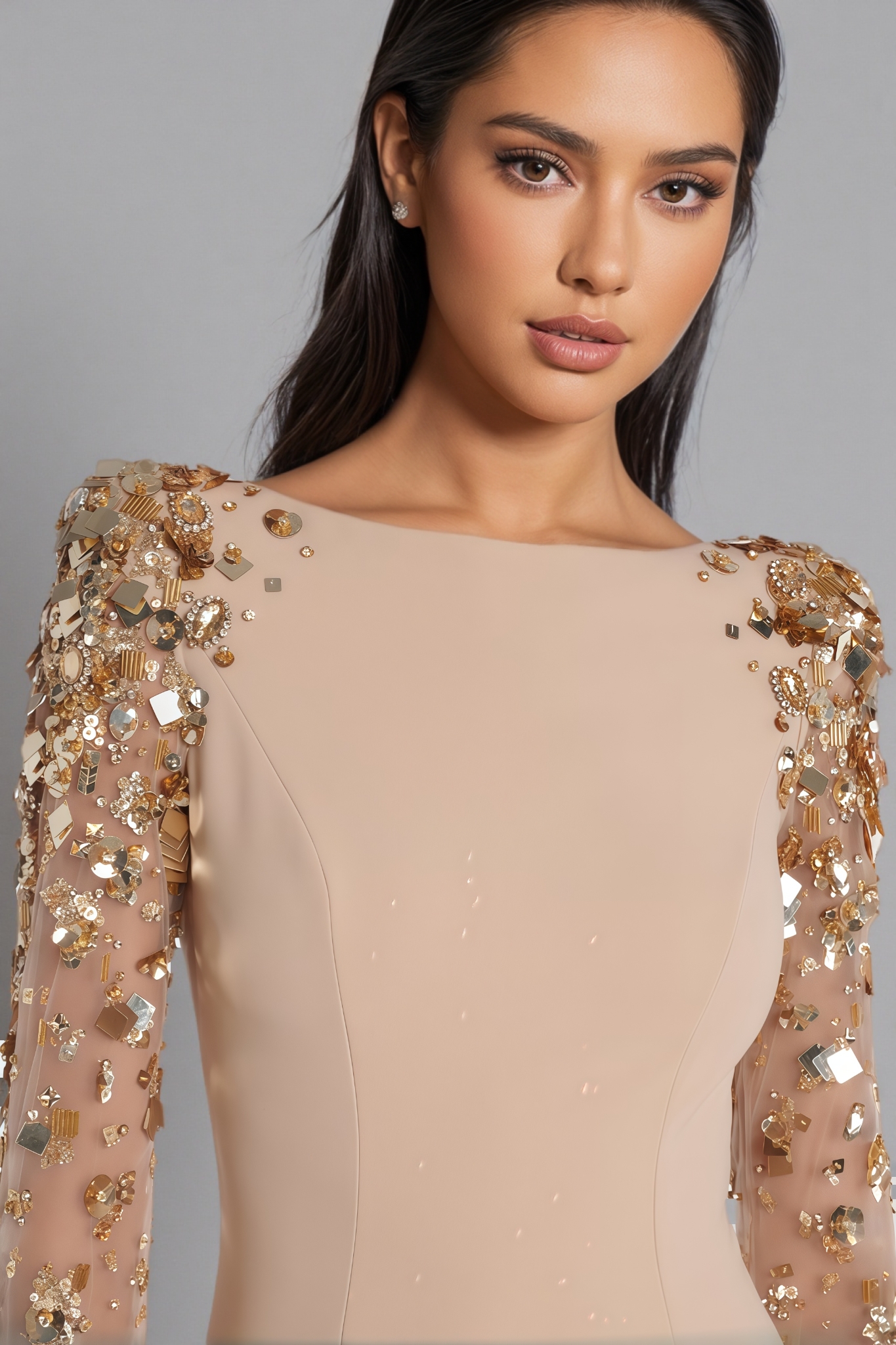 Teresa Beige Tulle Rhinestone Embellished Maxi Dress