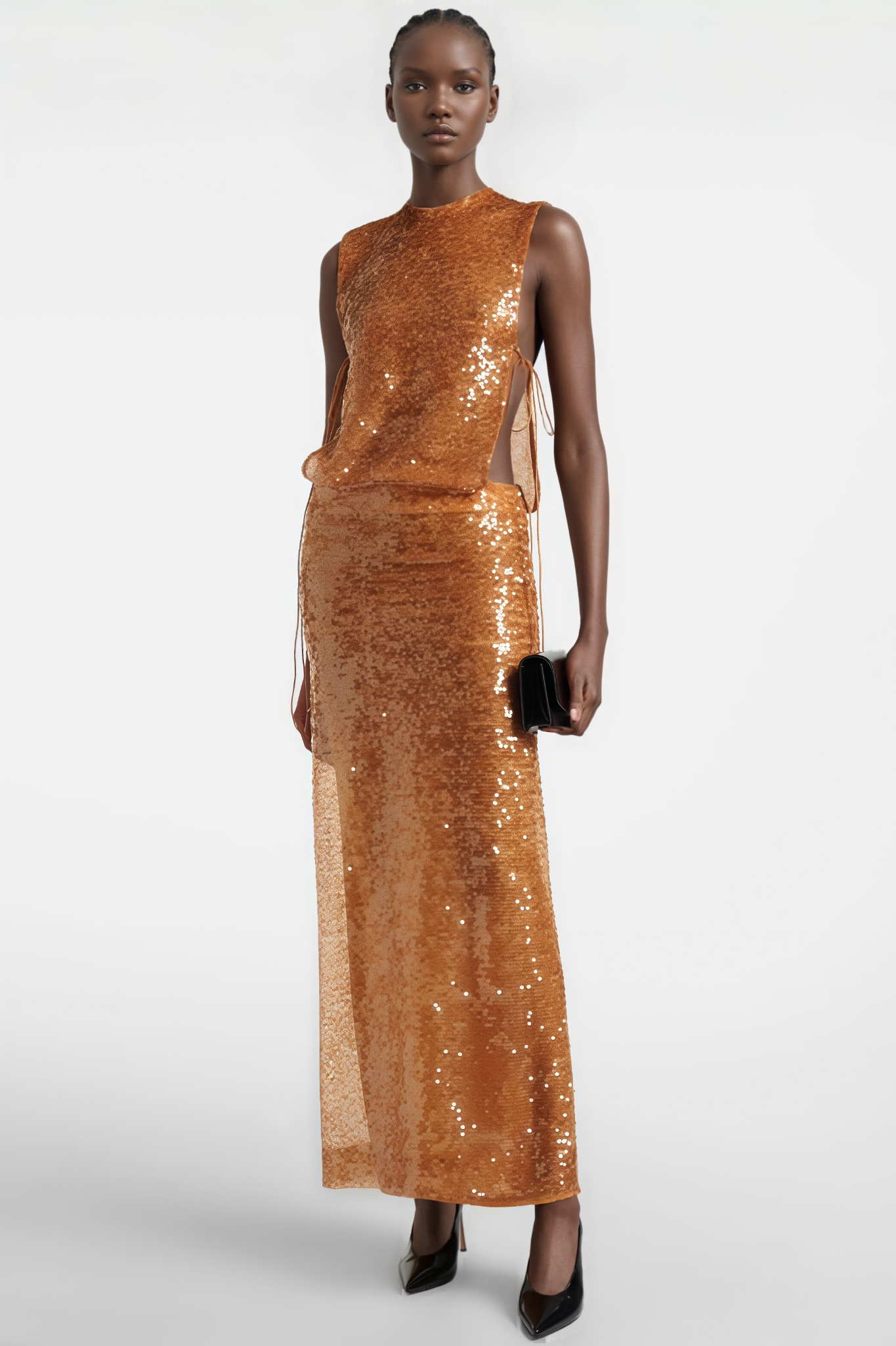Lexy Orange Sleeveless Sequined Mesh Maxi Dress