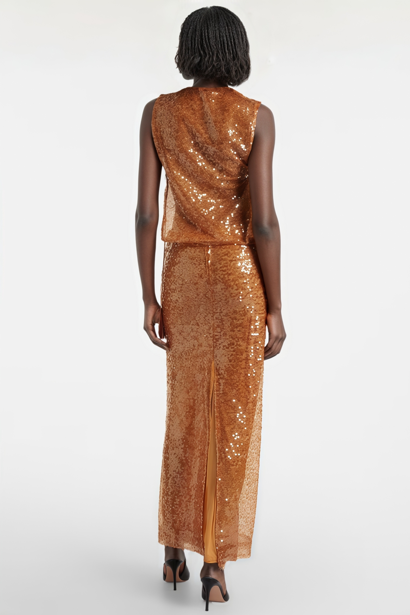 Lexy Orange Sleeveless Sequined Mesh Maxi Dress