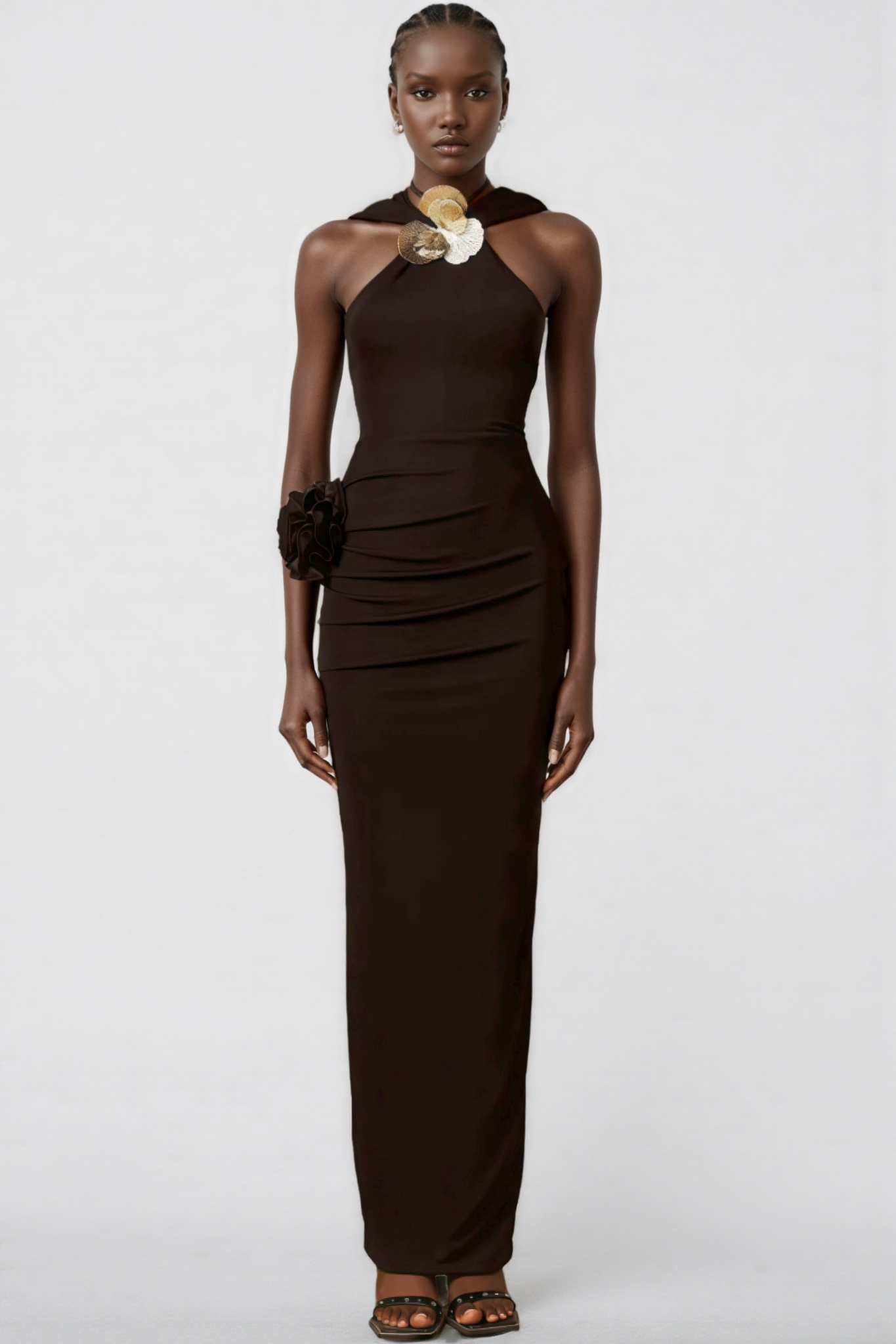 Jaylee Metal 3D Flower Hooded Midi Dress