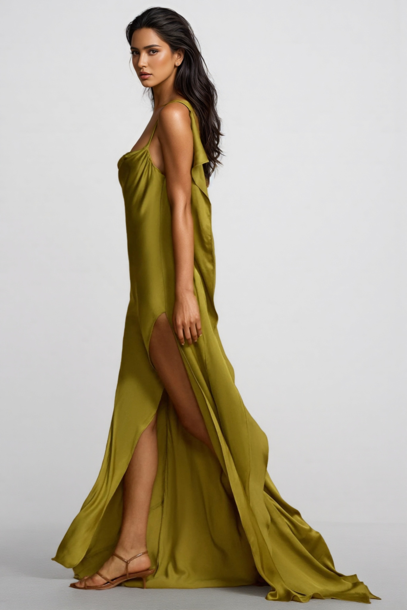 Lelia Solid Satin Backless Frill Maxi Dress