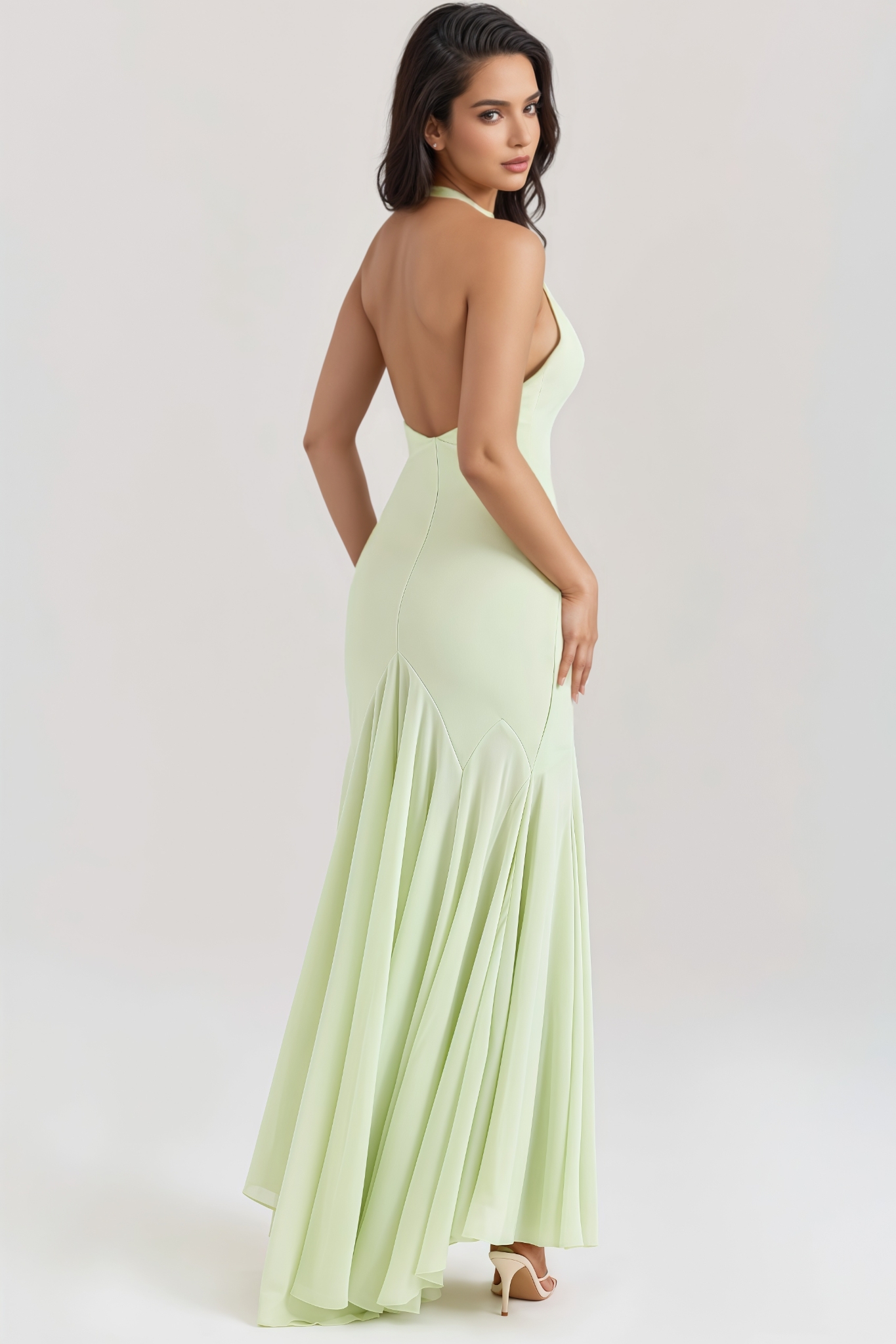 Vyrned Halter Neck Mesh Backless Maxi Dress