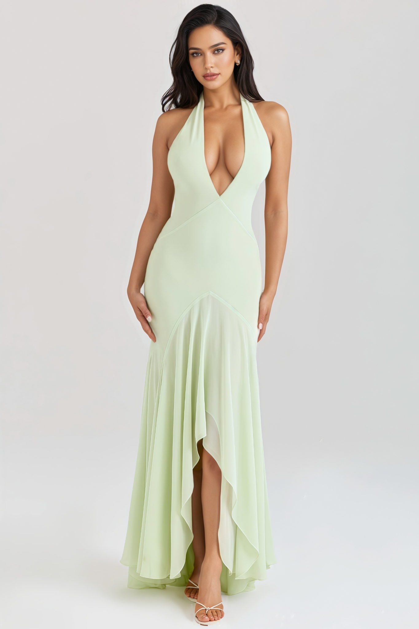 Vyrned Halter Neck Mesh Backless Maxi Dress