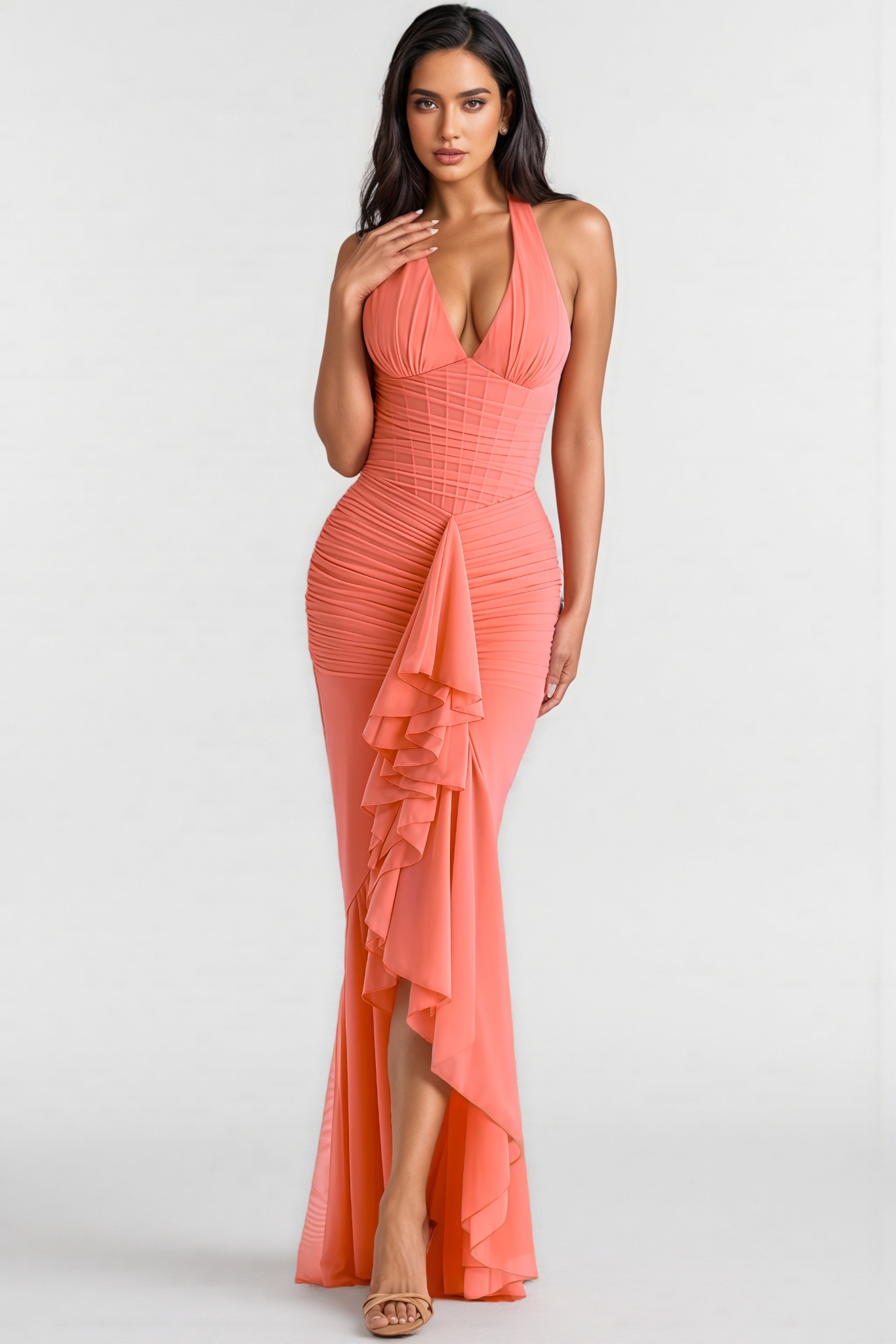 Ptolemy Halter Neck Mesh Draped Maxi Dress