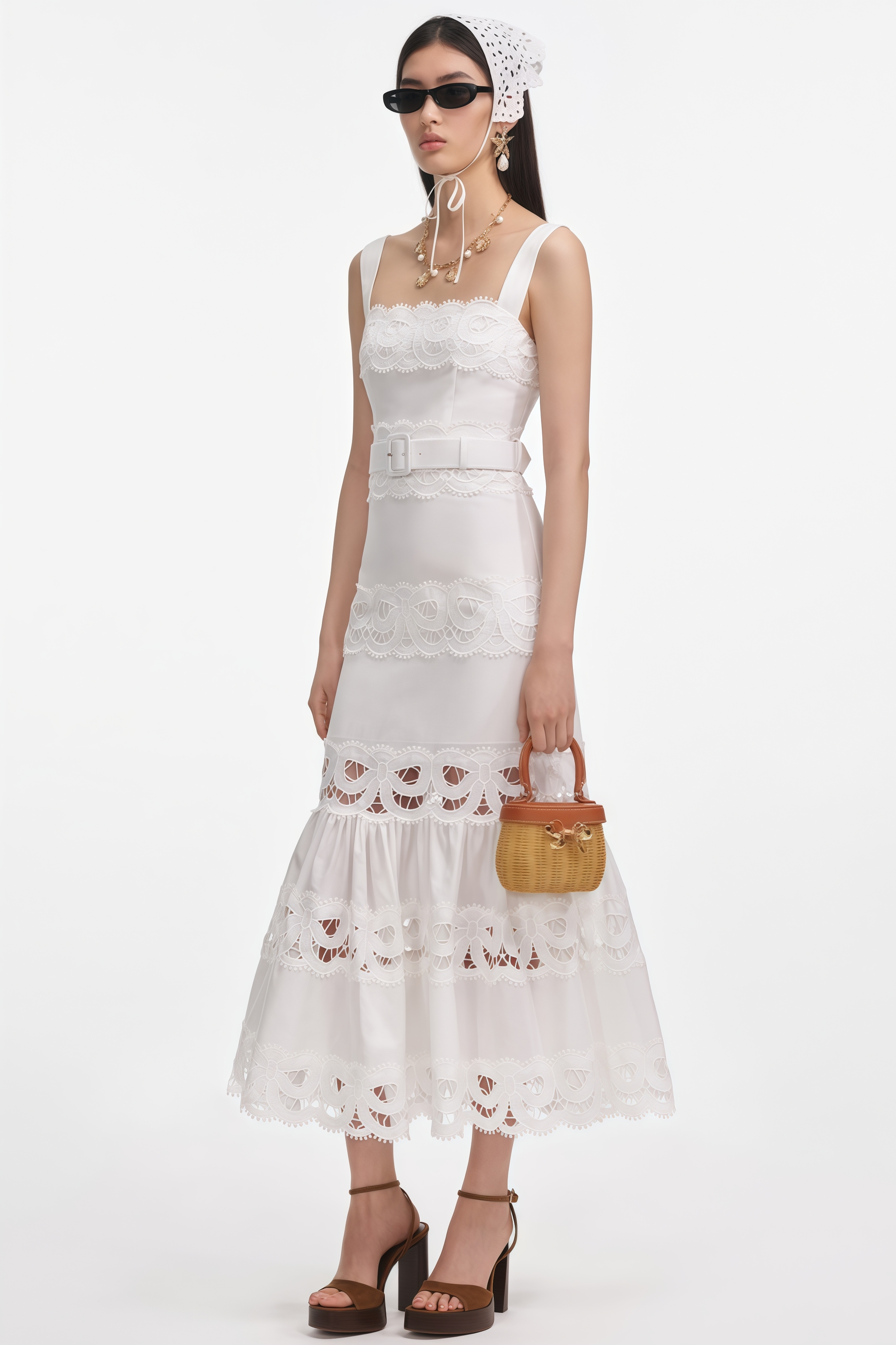 Lirith White Linen Lace Insert Midi Dress
