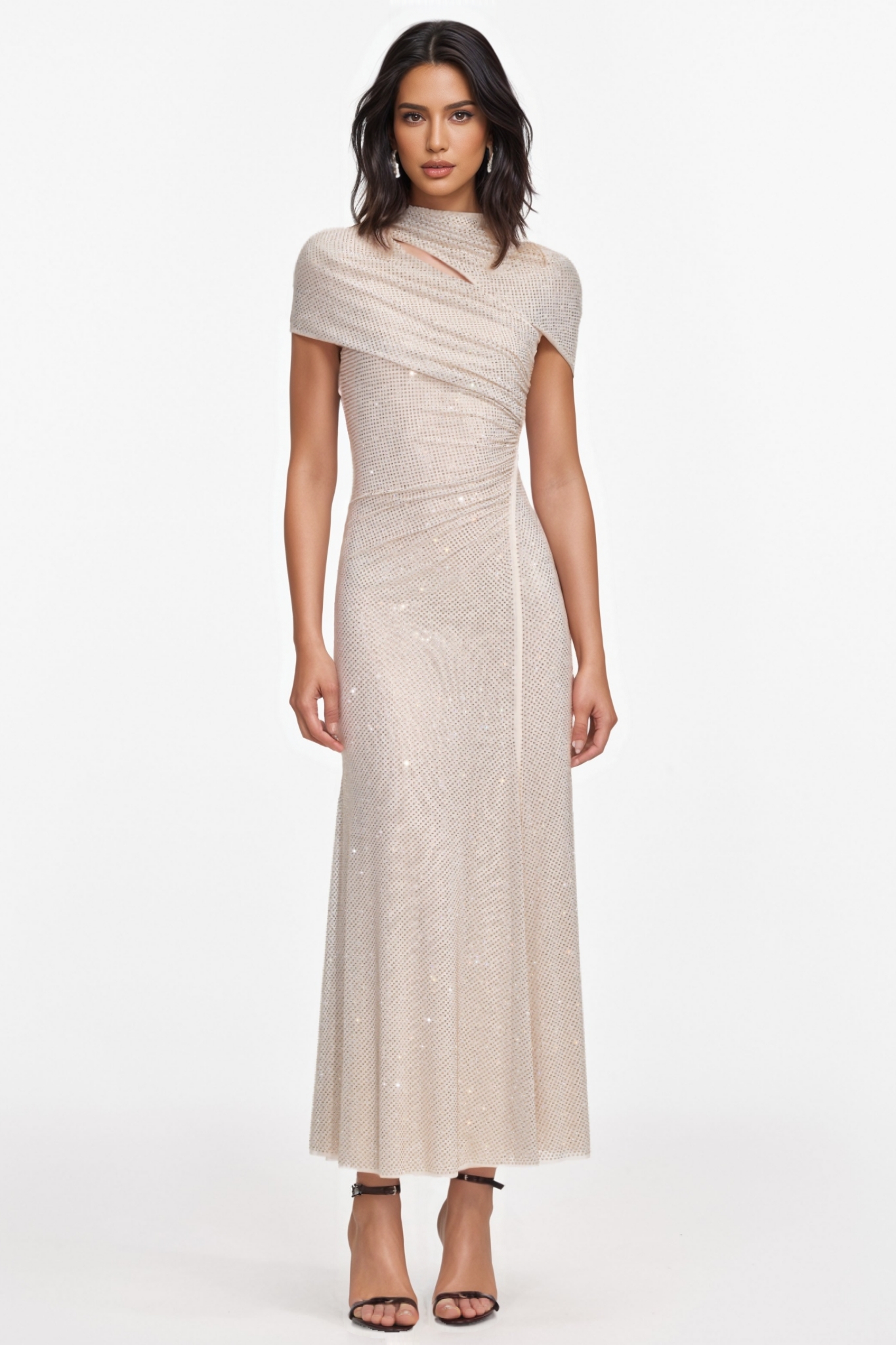 Tarenk Beige Rhinestone Mesh Cut Out Midi Dress