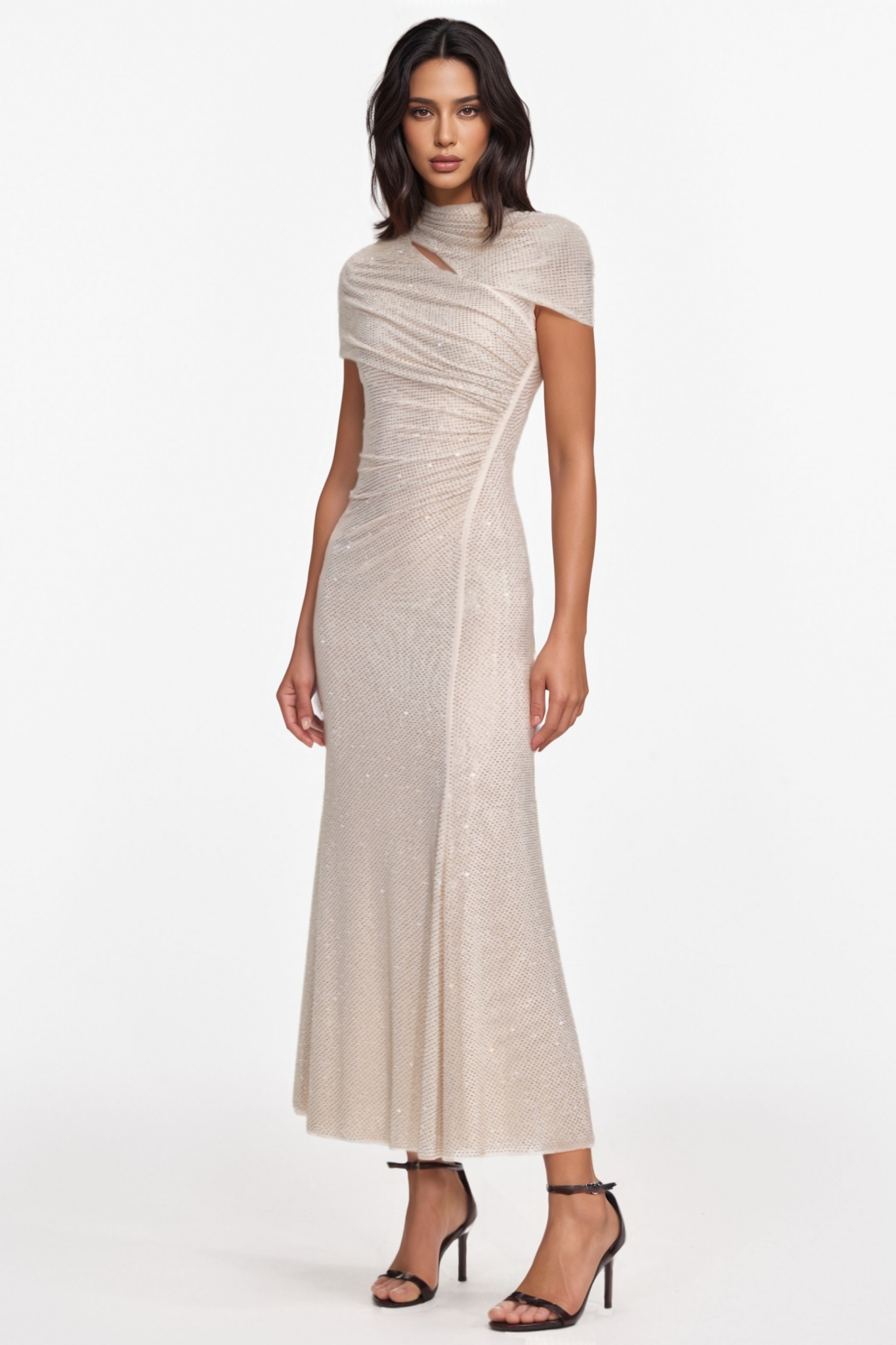 Tarenk Beige Rhinestone Mesh Cut Out Midi Dress