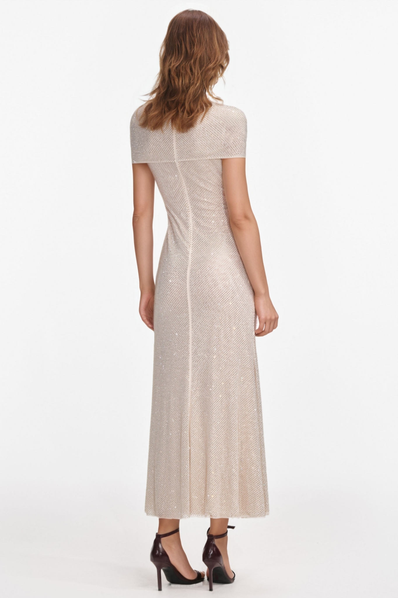 Tarenk Beige Rhinestone Mesh Cut Out Midi Dress