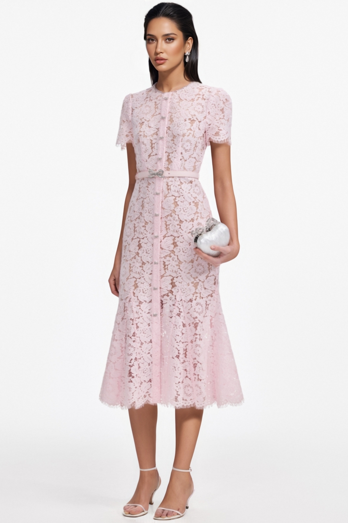 Ariela Pink Lace Bow Trim Midi Dress