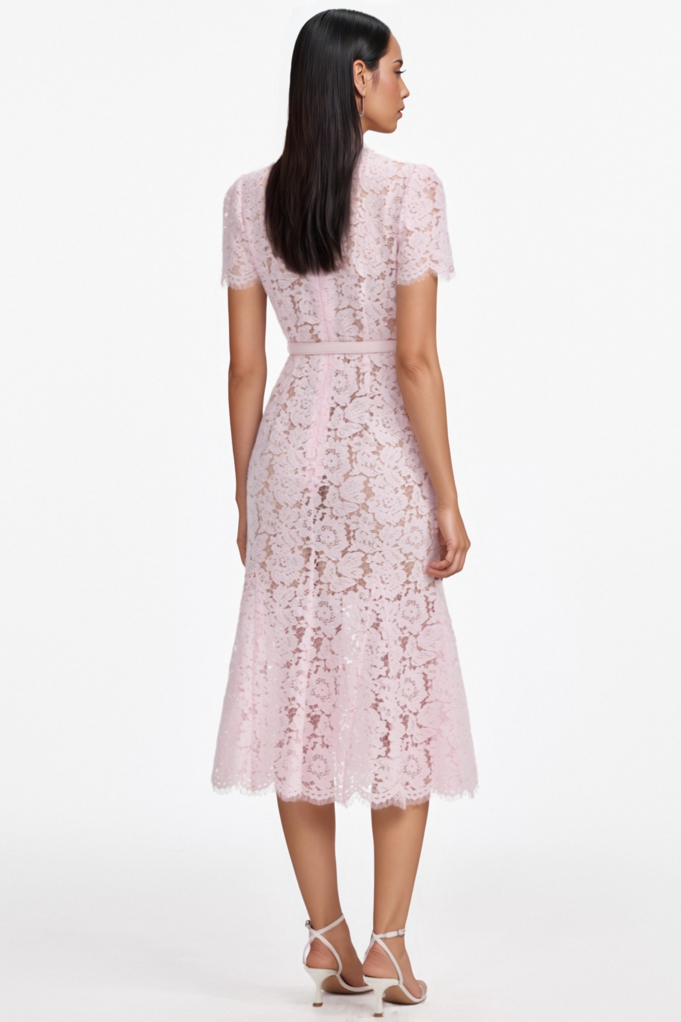 Ariela Pink Lace Bow Trim Midi Dress