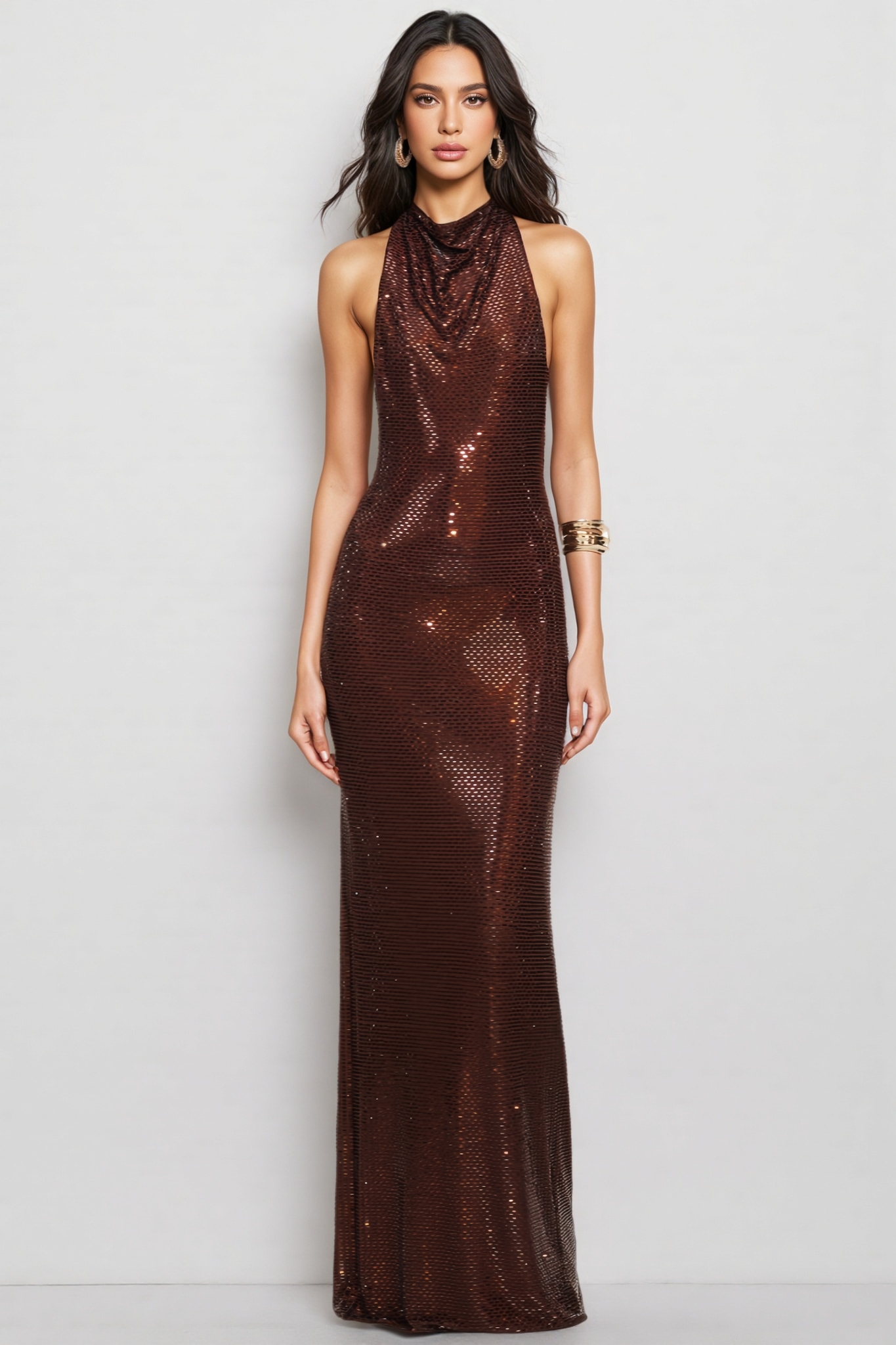 Blara Brown Rhinestone Embellished Maxi Dress