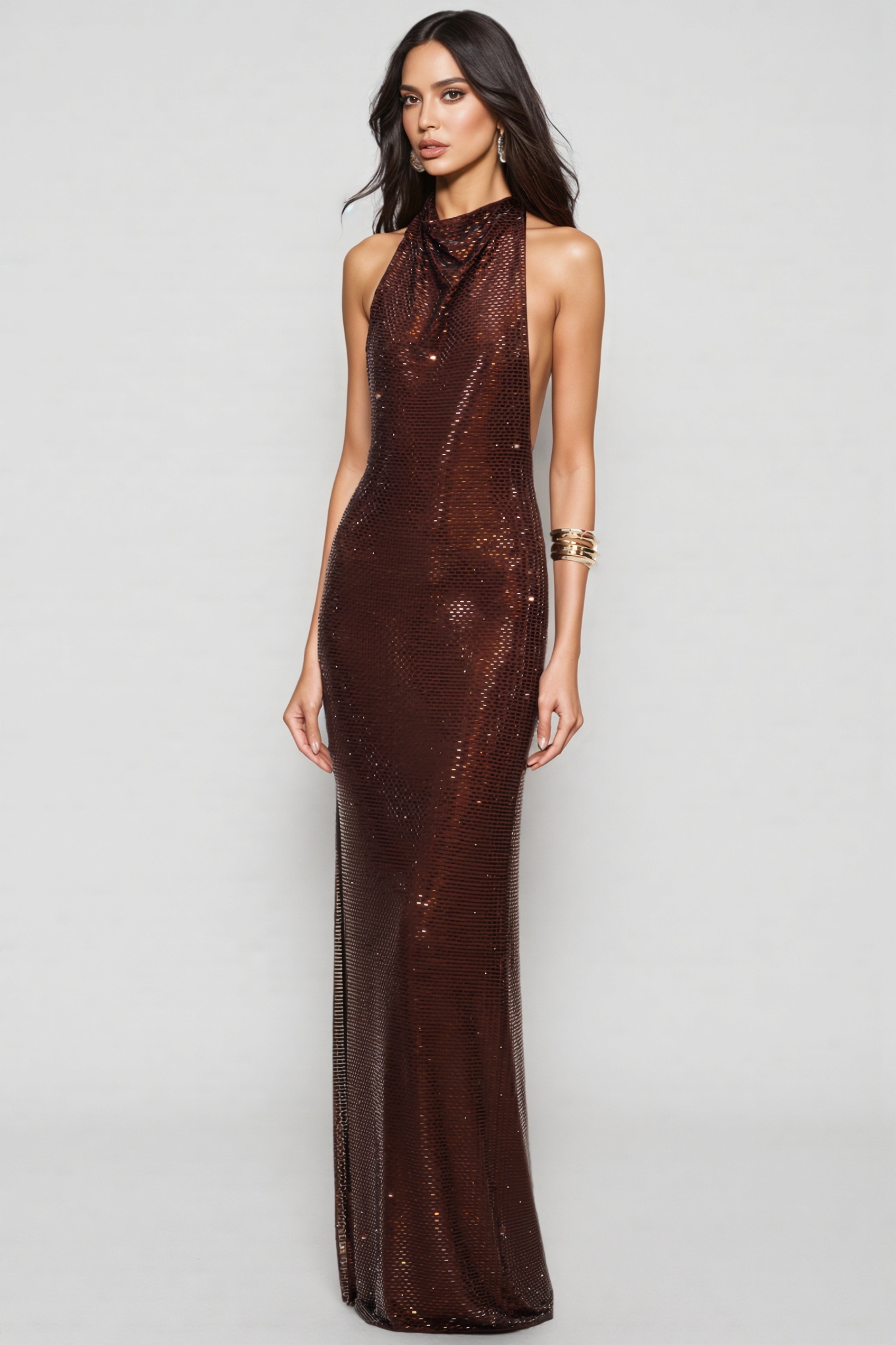 Blara Brown Rhinestone Embellished Maxi Dress