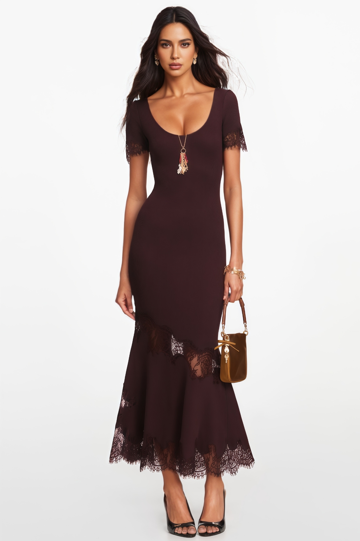 Karnlina Brown Lace Knit Maxi Dress