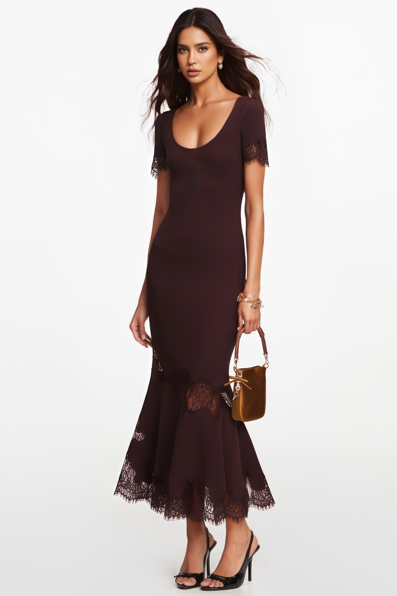 Karnlina Brown Lace Knit Maxi Dress