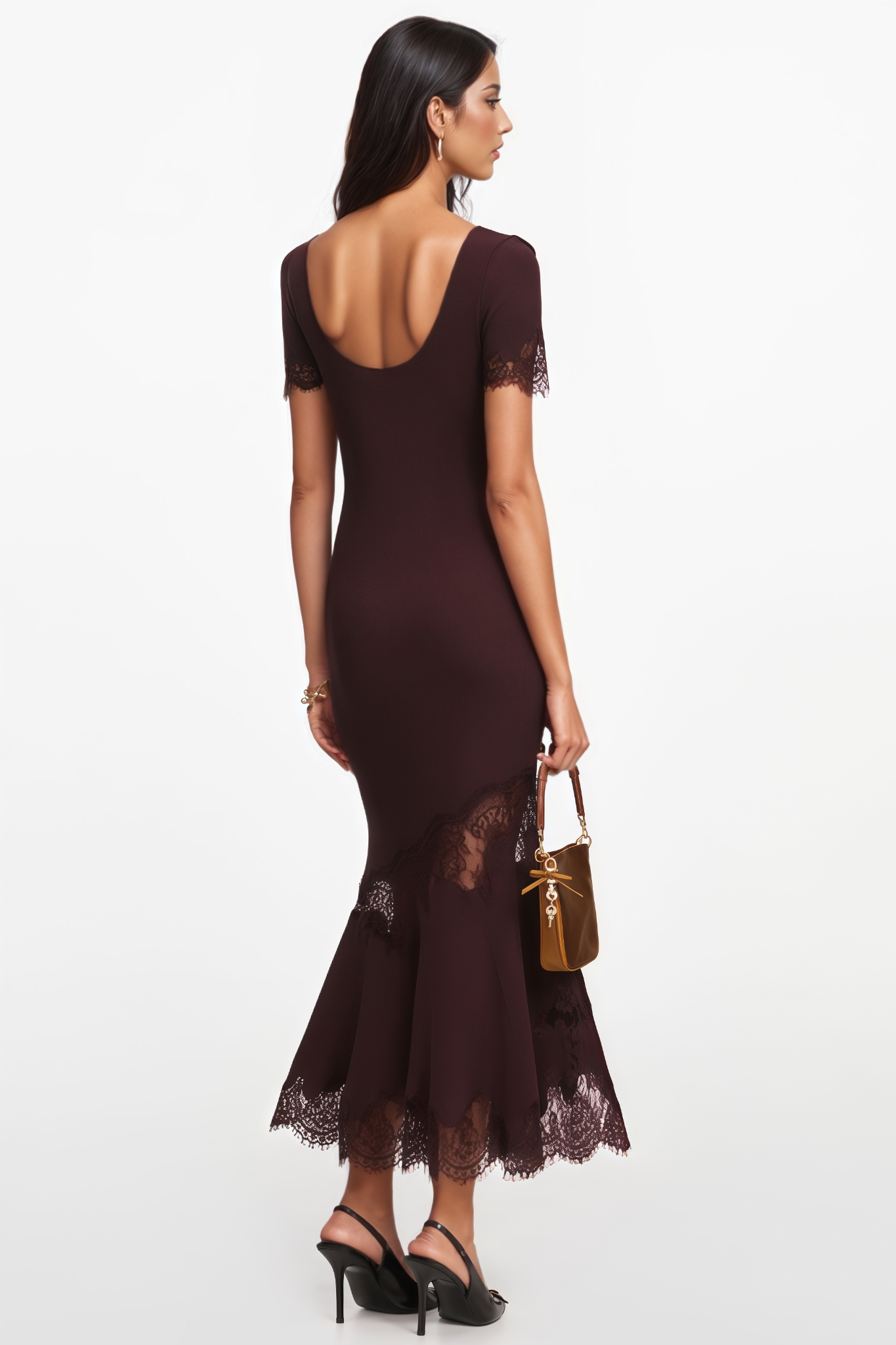 Karnlina Brown Lace Knit Maxi Dress